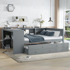 Full Size Daybed with Trundle, Wood Day Bed Frame with Storage Drawers and Side Shelves, Daybed with Desk, No Spring Box Needed, Gray