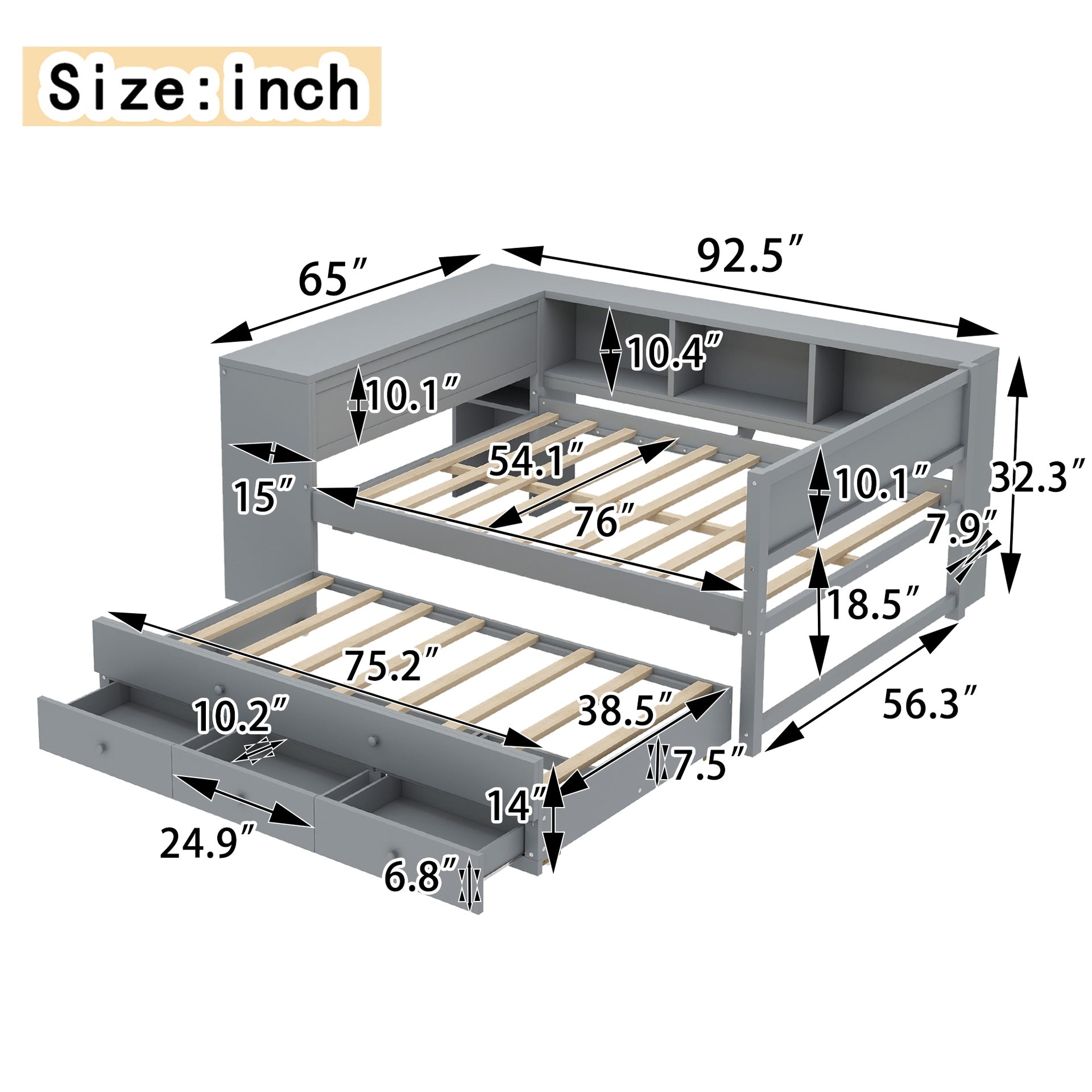 Full Size Daybed with Trundle, Wood Day Bed Frame with Storage Drawers and Side Shelves, Daybed with Desk, No Spring Box Needed, Gray