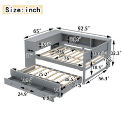 Full Size Daybed with Trundle, Wood Day Bed Frame with Storage Drawers and Side Shelves, Daybed with Desk, No Spring Box Needed, Gray