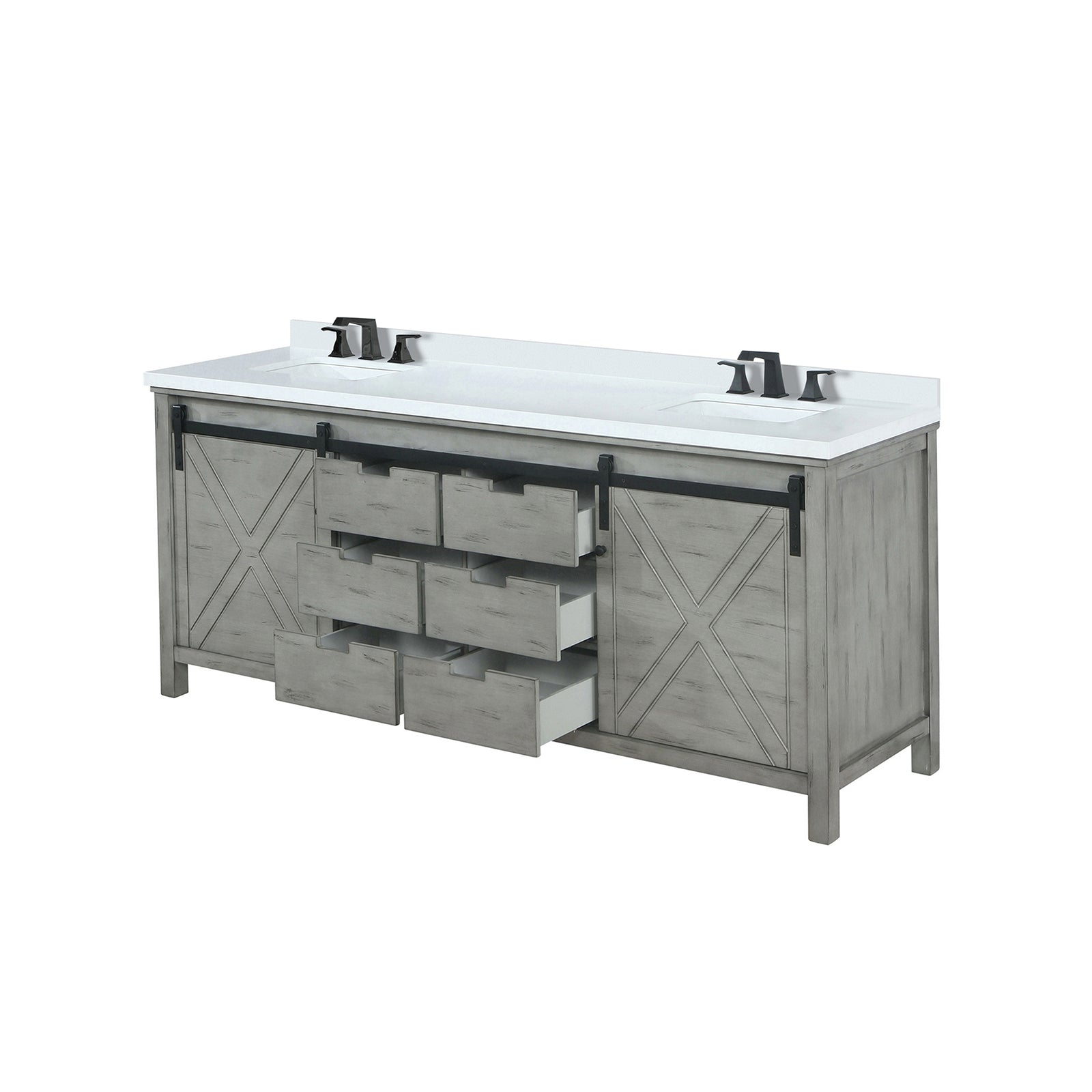 Ash Grey Double Bath Vanity 84 in. W x 22 in. D, White Quartz Countertop and Faucet Set