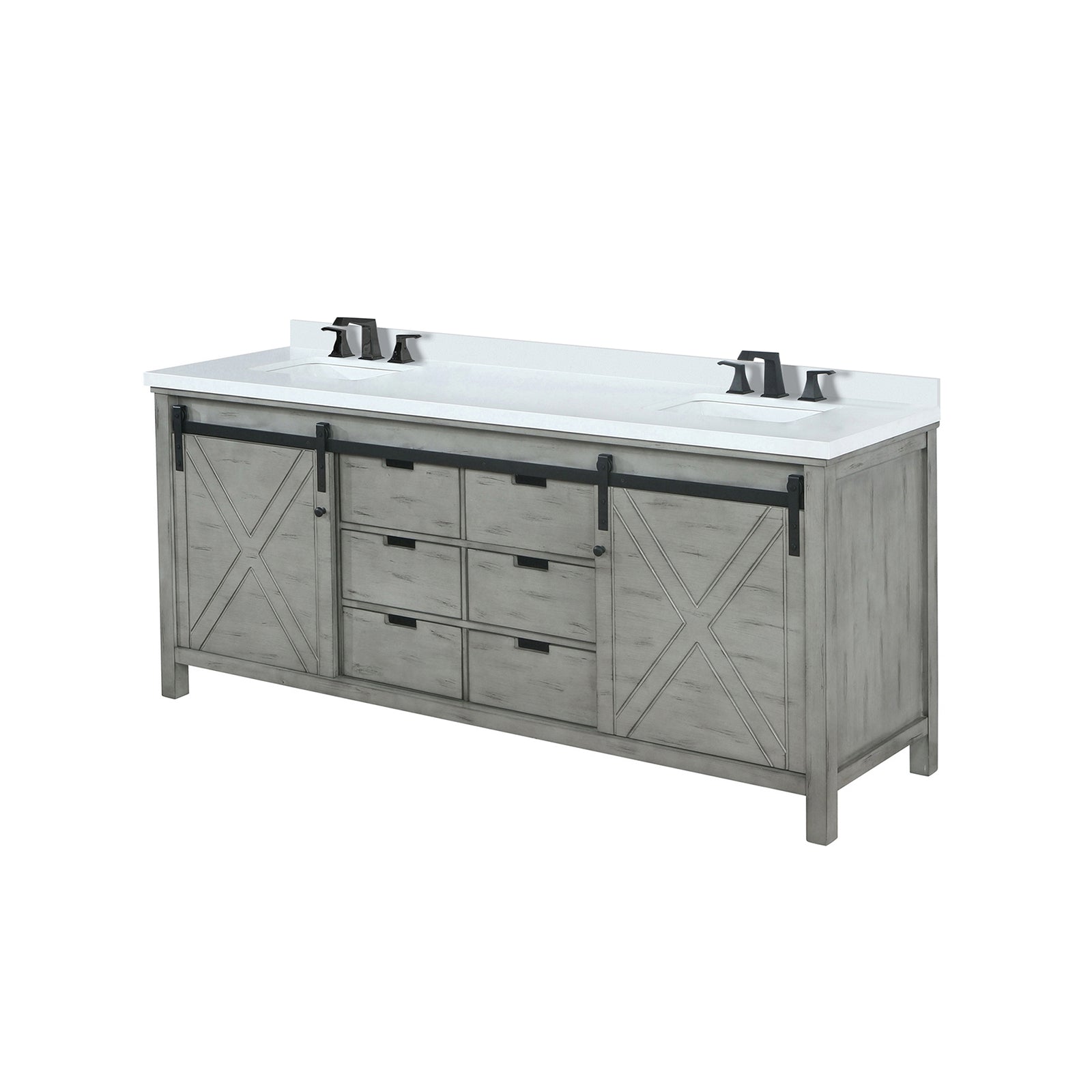 Ash Grey Double Bath Vanity 84 in. W x 22 in. D, White Quartz Countertop and Faucet Set
