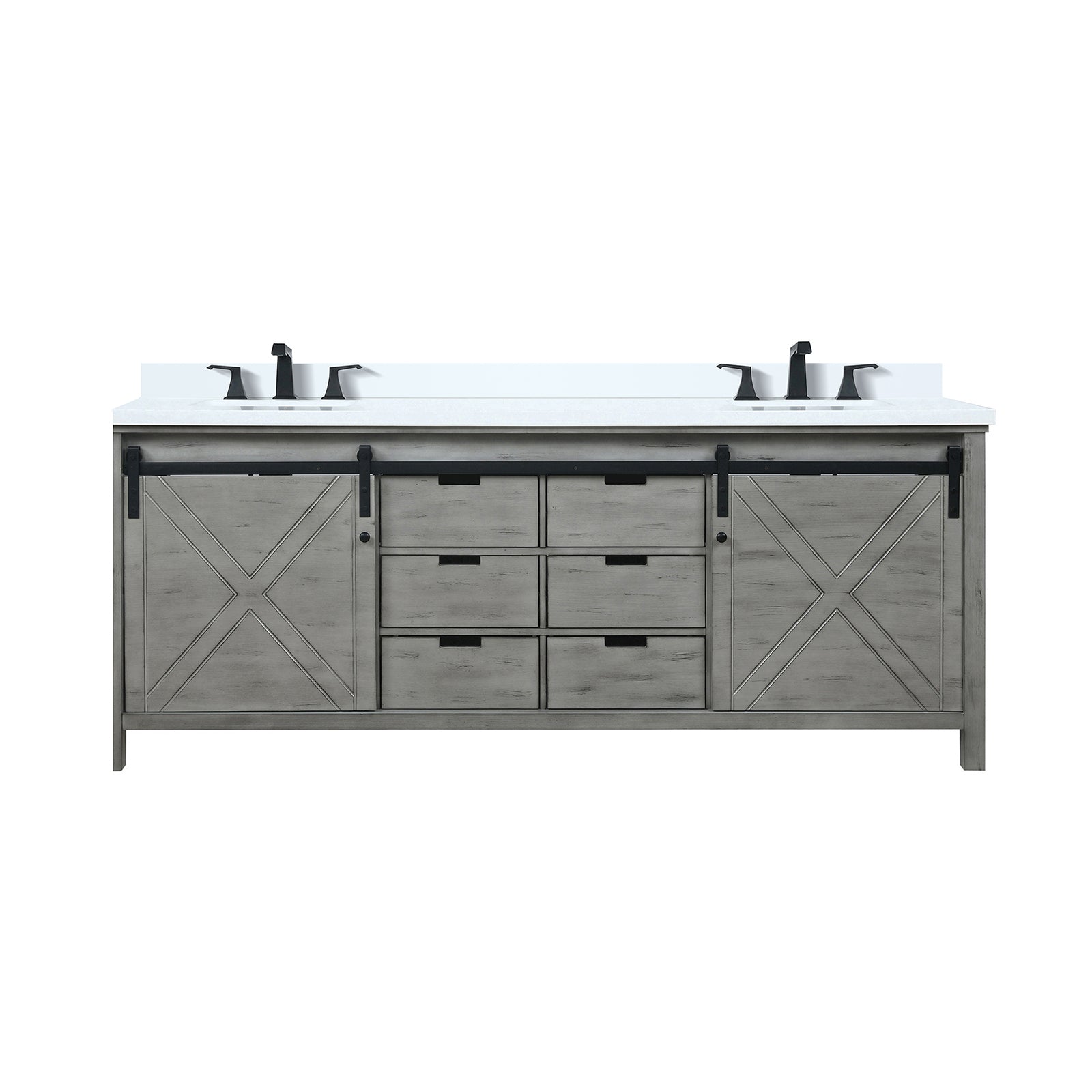 Ash Grey Double Bath Vanity 84 in. W x 22 in. D, White Quartz Countertop and Faucet Set