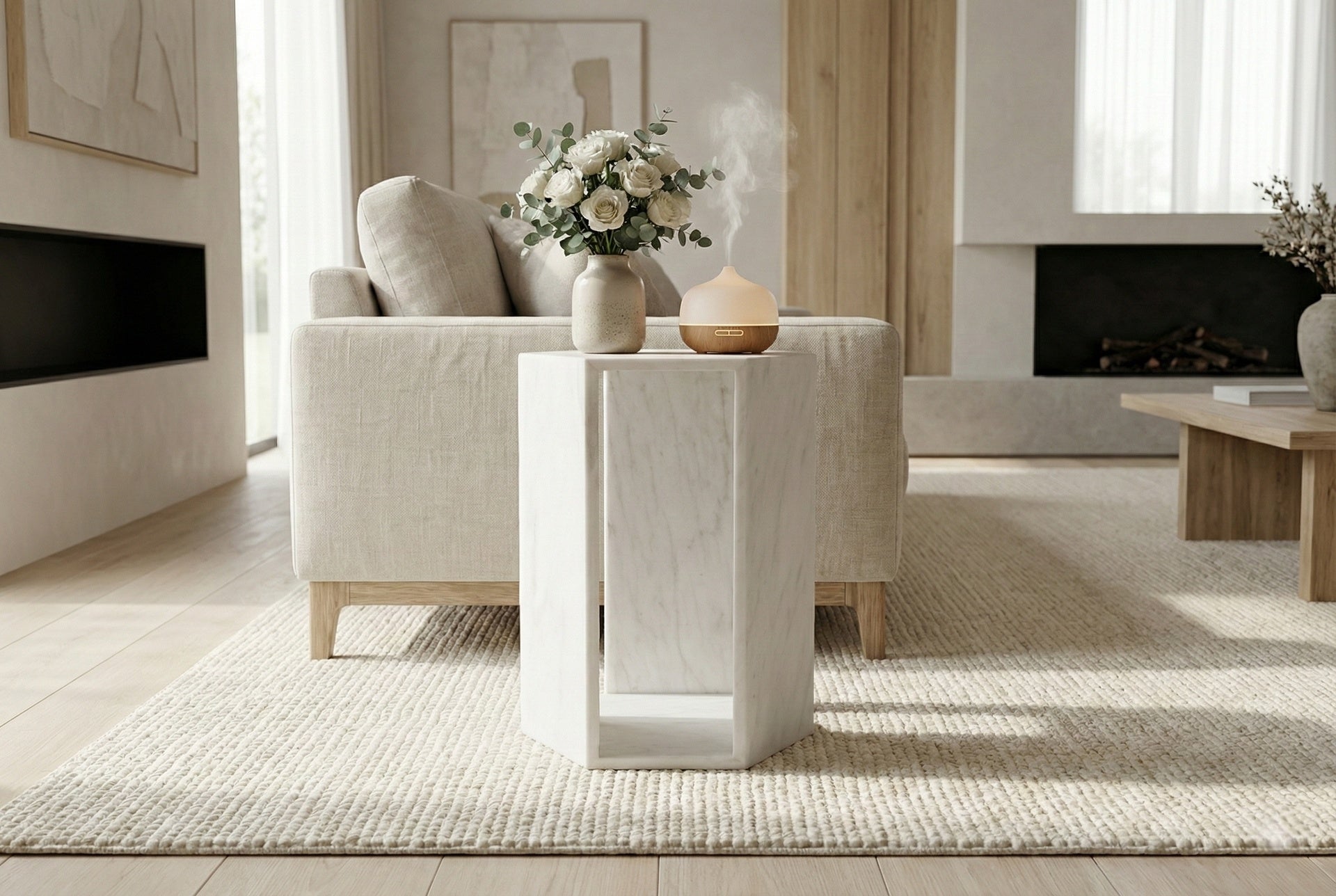 Natural White Marble Hexagon Side Table – Honed Matte Finish Stone Pedestal – Modern Minimalist Drink Table for Living Room & Bedroom (16cm x 40cm / 6.3" x 15.7")