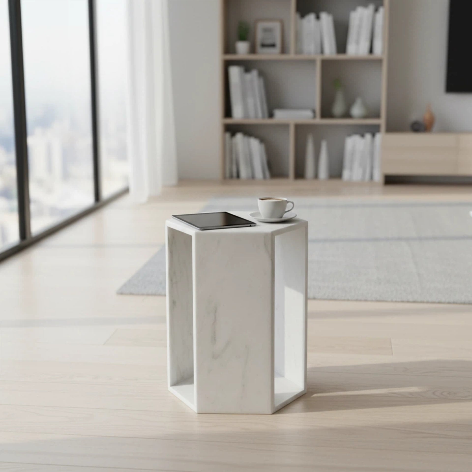 Natural White Marble Hexagon Side Table – Honed Matte Finish Stone Pedestal – Modern Minimalist Drink Table for Living Room & Bedroom (16cm x 40cm / 6.3" x 15.7")