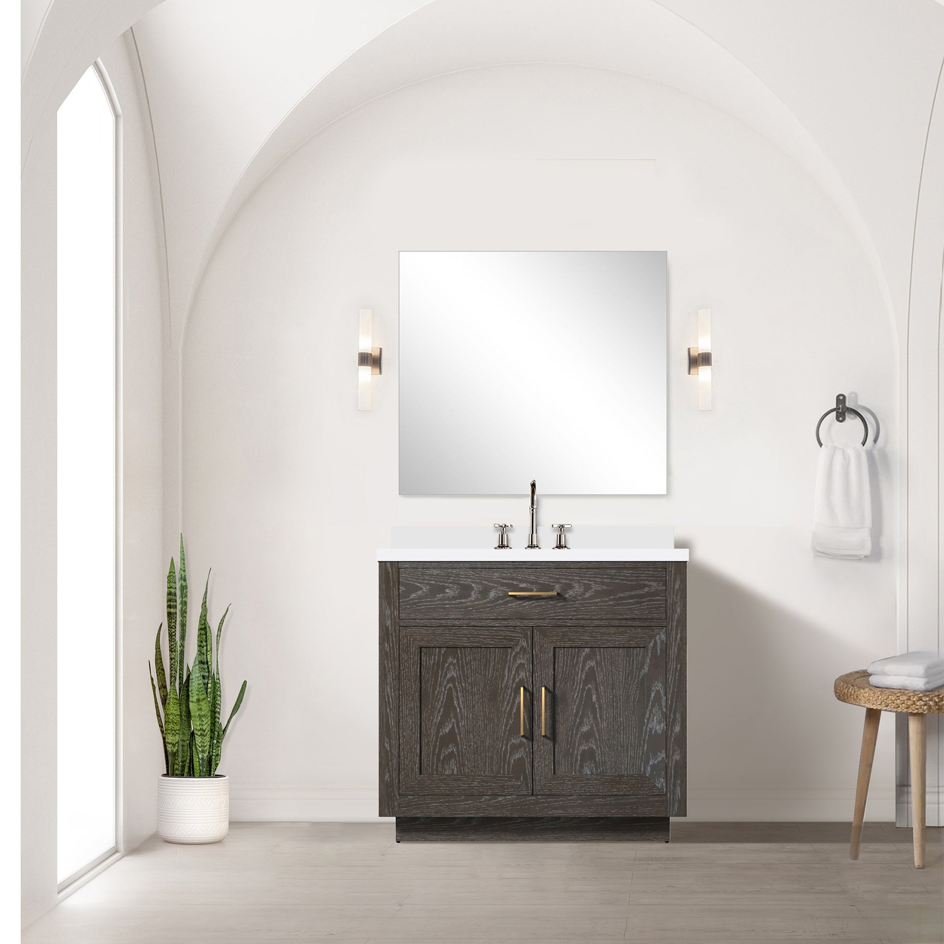 Brown Oak Single Bath Vanity 36 in. W x 22 in. D, Cultured Marble Top, and Faucet Set