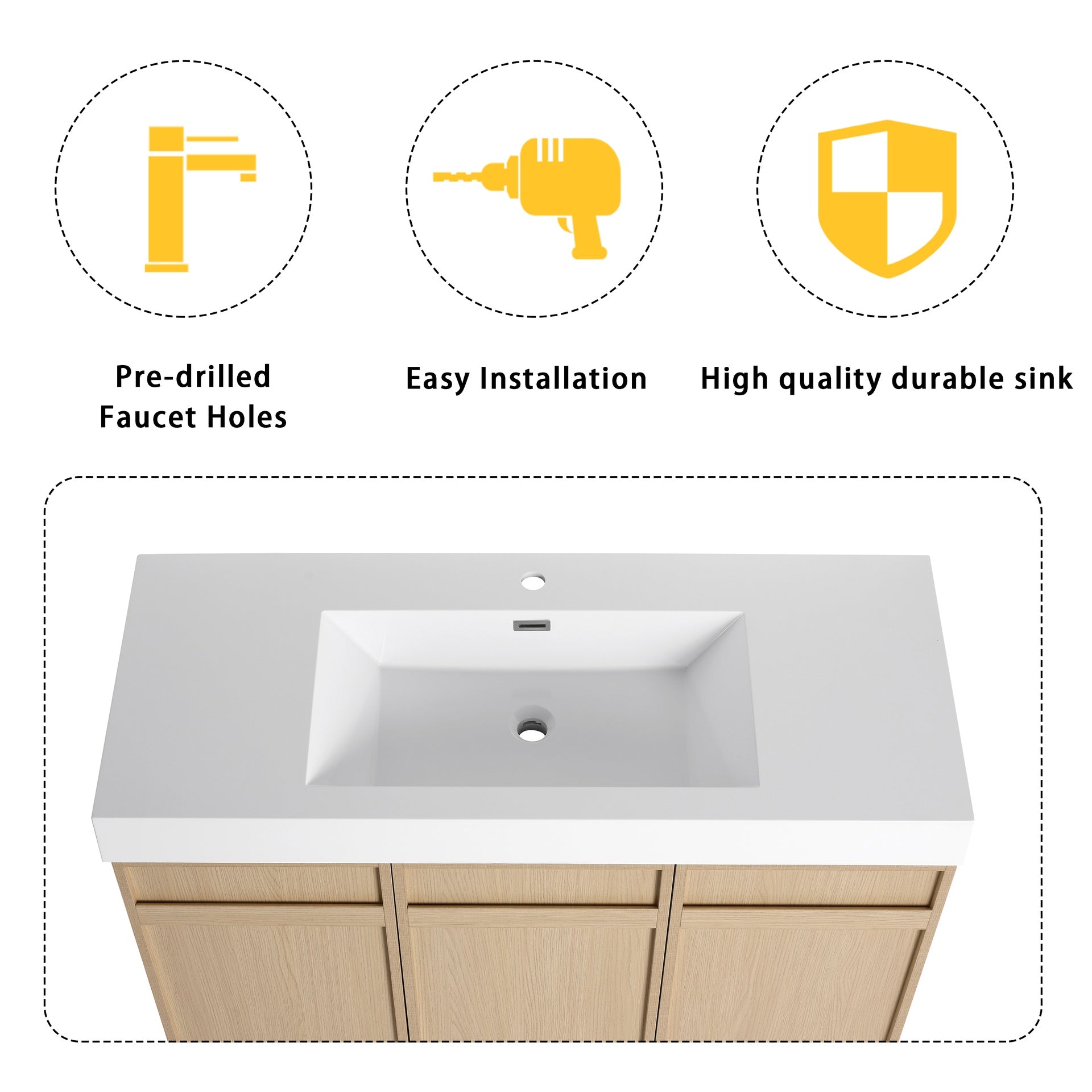 48" Freestanding Bathroom Vanity with White Resin Sink & 3 Soft-Close Cabinet Doors (KD-PACKING)