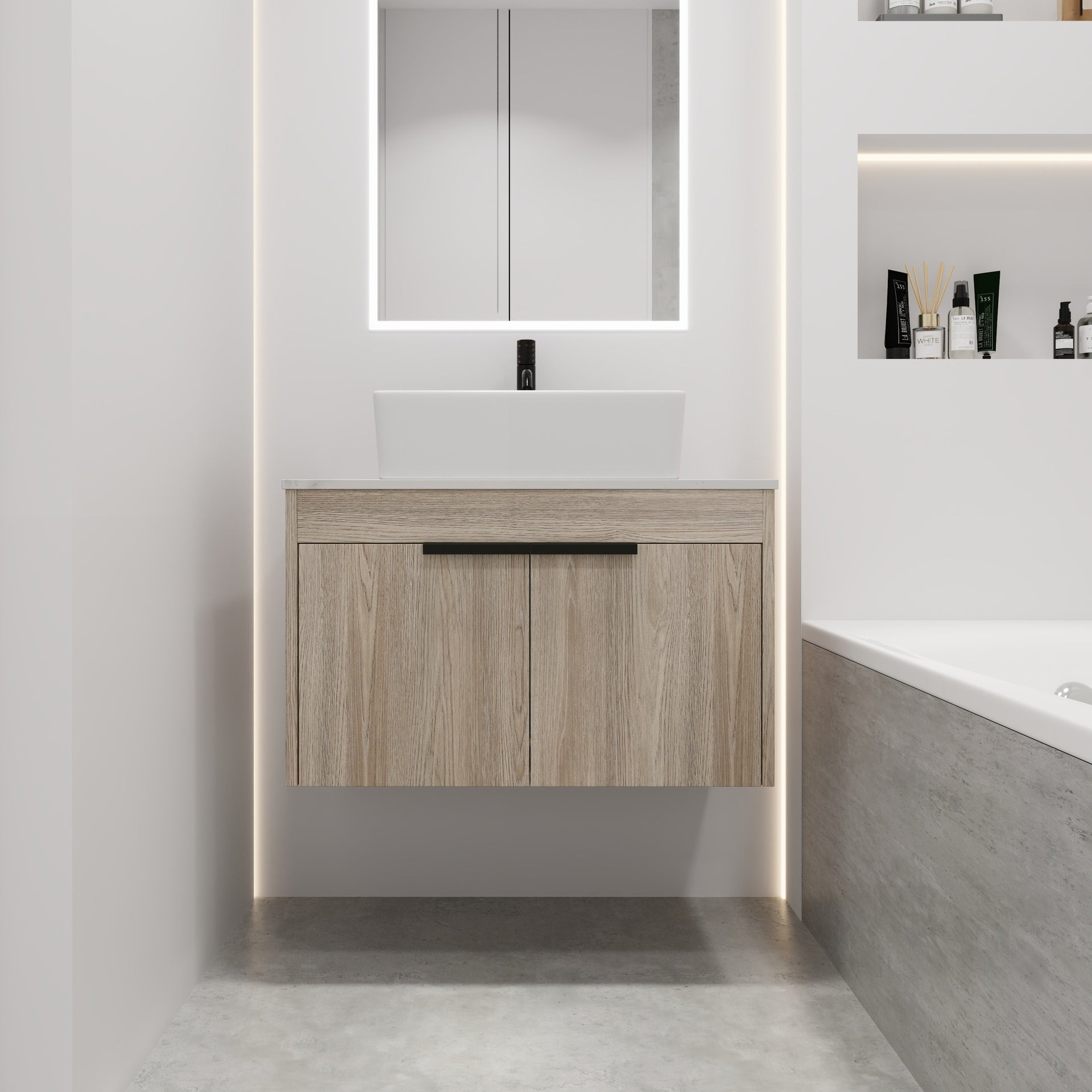 30 " Modern Design Float Bathroom Vanity With Ceramic Basin Set,  Wall Mounted White Oak Vanity  With Soft Close Door,KD-Packing,KD-Packing,2 Pieces Parcel(TOP-BAB110MOWH)