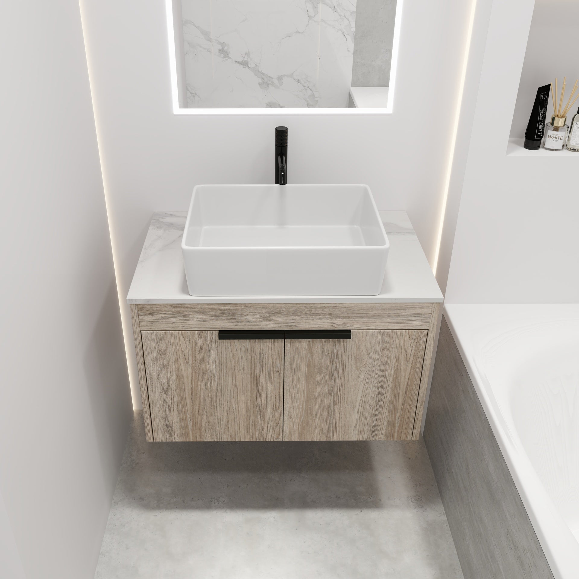 30 " Modern Design Float Bathroom Vanity With Ceramic Basin Set,  Wall Mounted White Oak Vanity  With Soft Close Door,KD-Packing,KD-Packing,2 Pieces Parcel(TOP-BAB110MOWH)