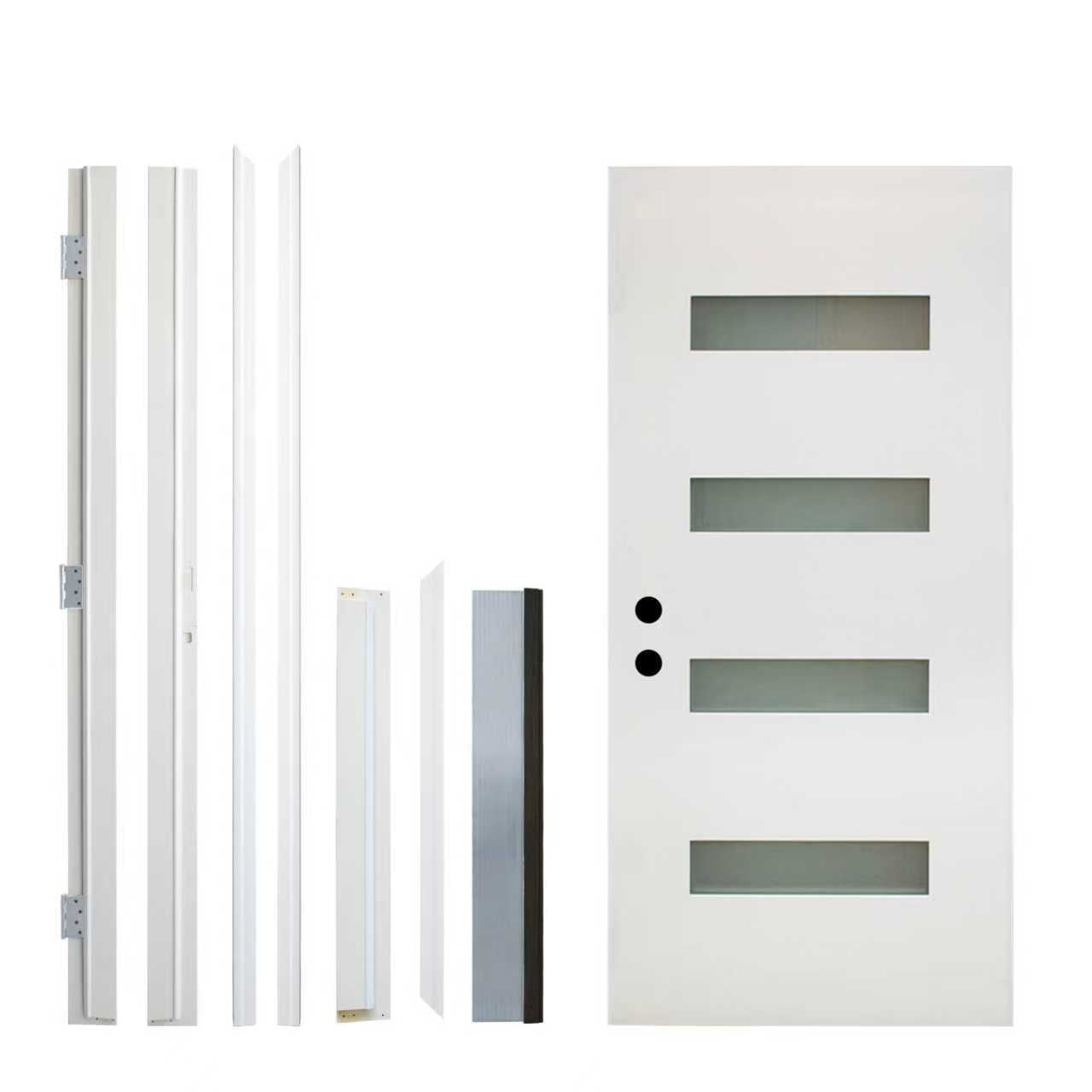 36 x 80 Fiberglass Entry Door, 4-Lite Frosted Glass - Contemporary Style for Home's Front Entrance, Right Hand Inswing, New Packaging Vinyl Frame, White Finish Knock-Down Entry Door