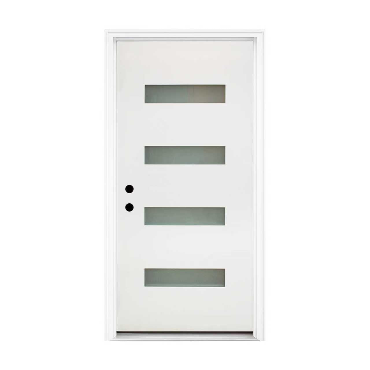 36 x 80 Fiberglass Entry Door, 4-Lite Frosted Glass - Contemporary Style for Home's Front Entrance, Right Hand Inswing, New Packaging Vinyl Frame, White Finish Knock-Down Entry Door