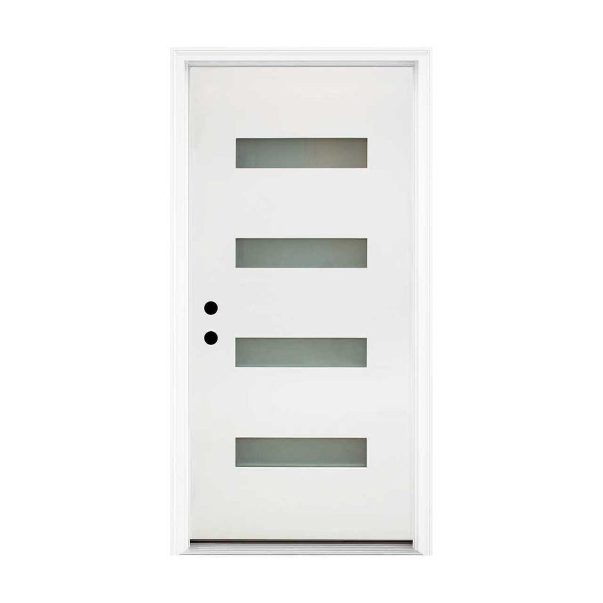 36 x 80 Fiberglass Entry Door, 4-Lite Frosted Glass - Contemporary Style for Home's Front Entrance, Right Hand Inswing, New Packaging Vinyl Frame, White Finish Knock-Down Entry Door