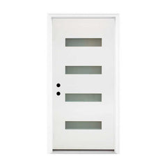36 x 80 Fiberglass Entry Door, 4-Lite Frosted Glass - Contemporary Style for Home's Front Entrance, Right Hand Inswing, New Packaging Vinyl Frame, White Finish Knock-Down Entry Door