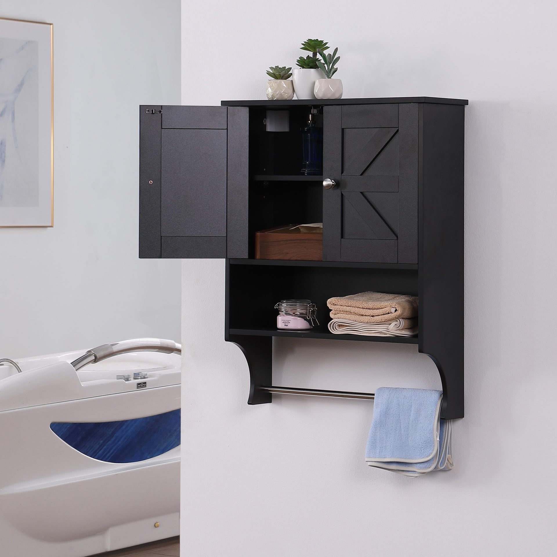 Over The Toilet Storage Cabinet,Farmhouse Medicine Cabinet with 2 Door and Adjustable Shelves,21.65 x 7.1 x 27.6 Inches, Bathroom, Living Room, Black