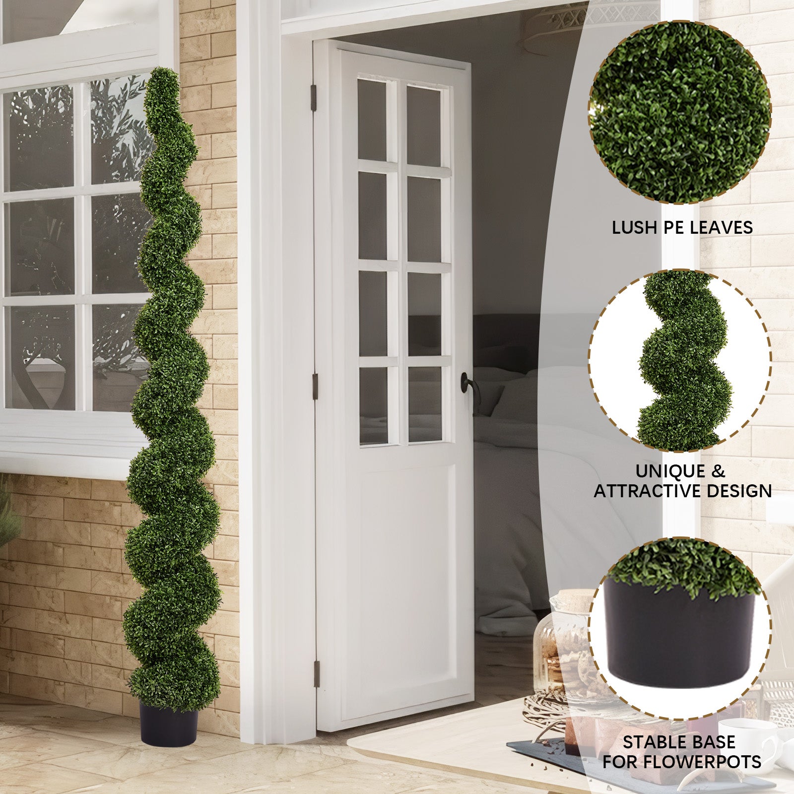 7FT Spiral Topiary Trees Artificial Outdoor Faux Boxwood Plants Large Twisted Green Potted Trees for Garden Front Porch Patio Planter Decoration, 1pc/set