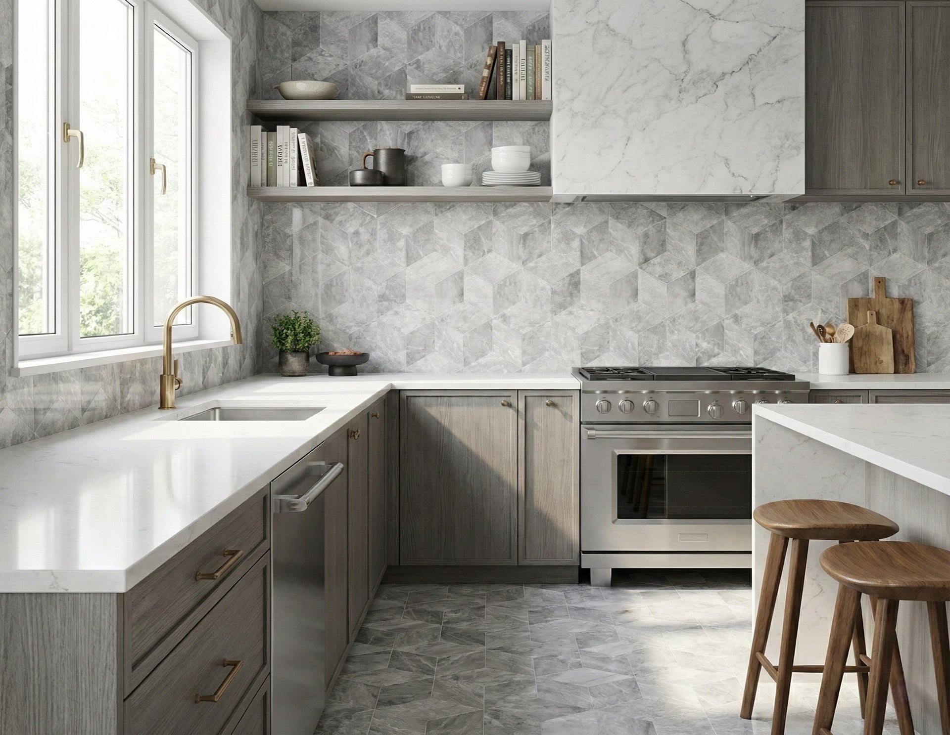 Hexagon marble tile, Carrara Gray marble, natural marble, for wall and floor, polished marble tile, natural stone, genuine marble, real marble, 1 box 12 pcs