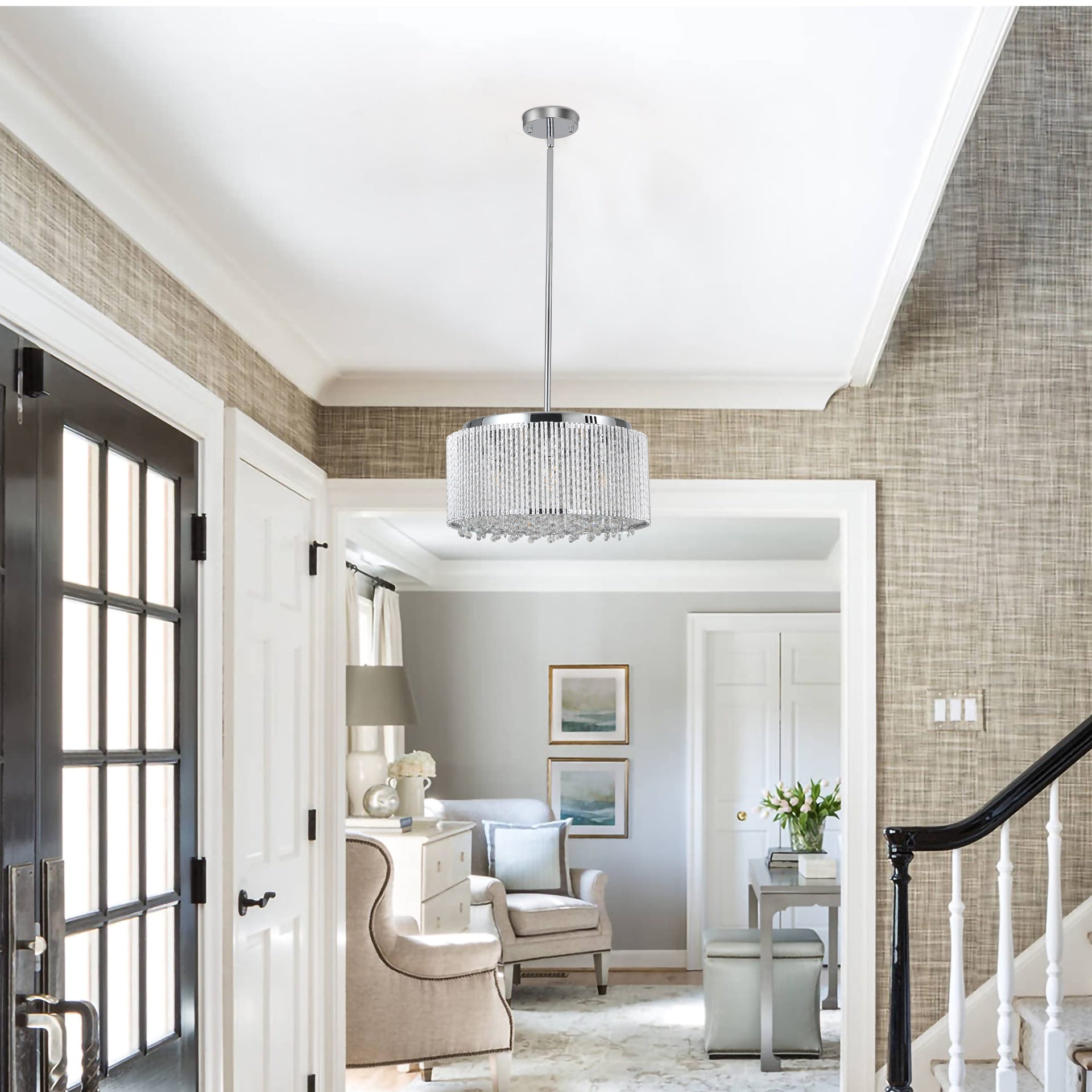 16" Elegant Crystal Pendant Chandelier with Chrome Finish – 7-Light Drum Light Fixture with Clear Crystal Strands for Dining Room, Living Room, or Bedroom (Bulb Not Included)