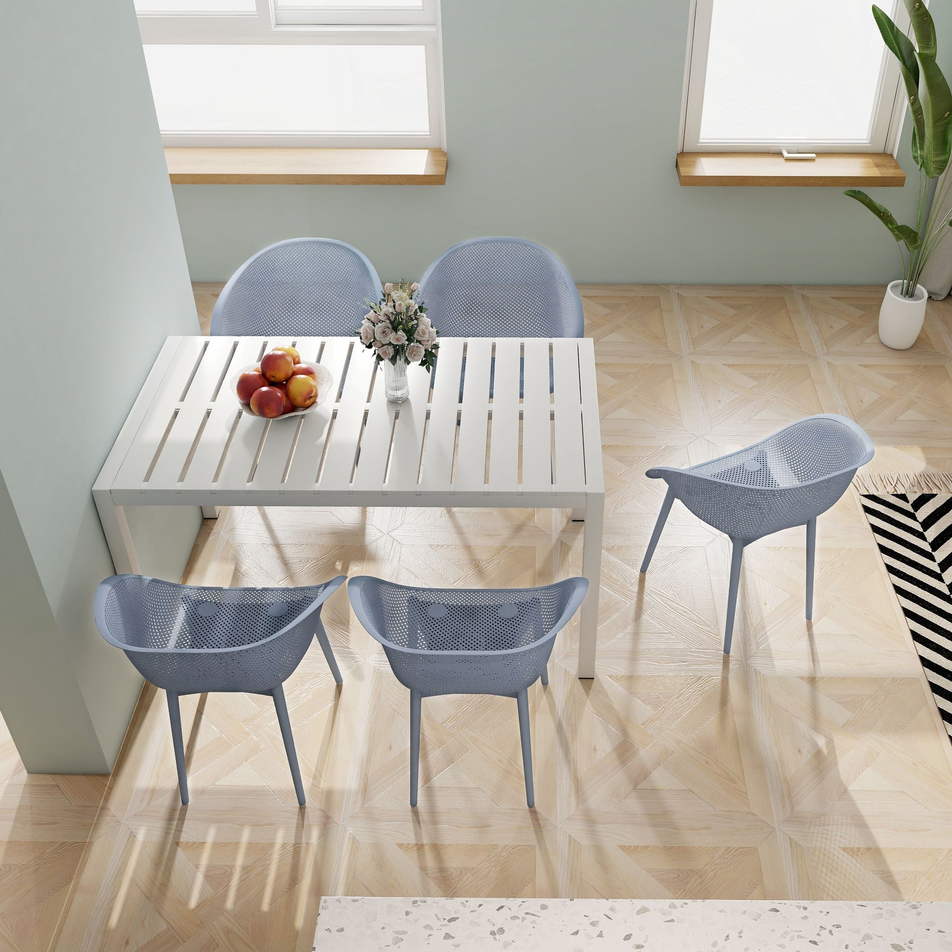 Holiday - 4-Pack Light Blue Modern Lounge Chairs – Indoor/Outdoor All-Weather PP Plastic with 55 Inch White Modern Long Table - Indoor/Outdoor- Lightweight PP Tabletop with Metal