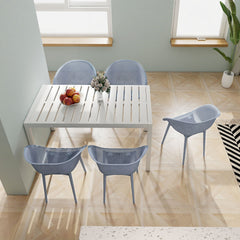 Holiday - 4-Pack Light Blue Modern Lounge Chairs – Indoor/Outdoor All-Weather PP Plastic with 55 Inch White Modern Long Table - Indoor/Outdoor- Lightweight PP Tabletop with Metal