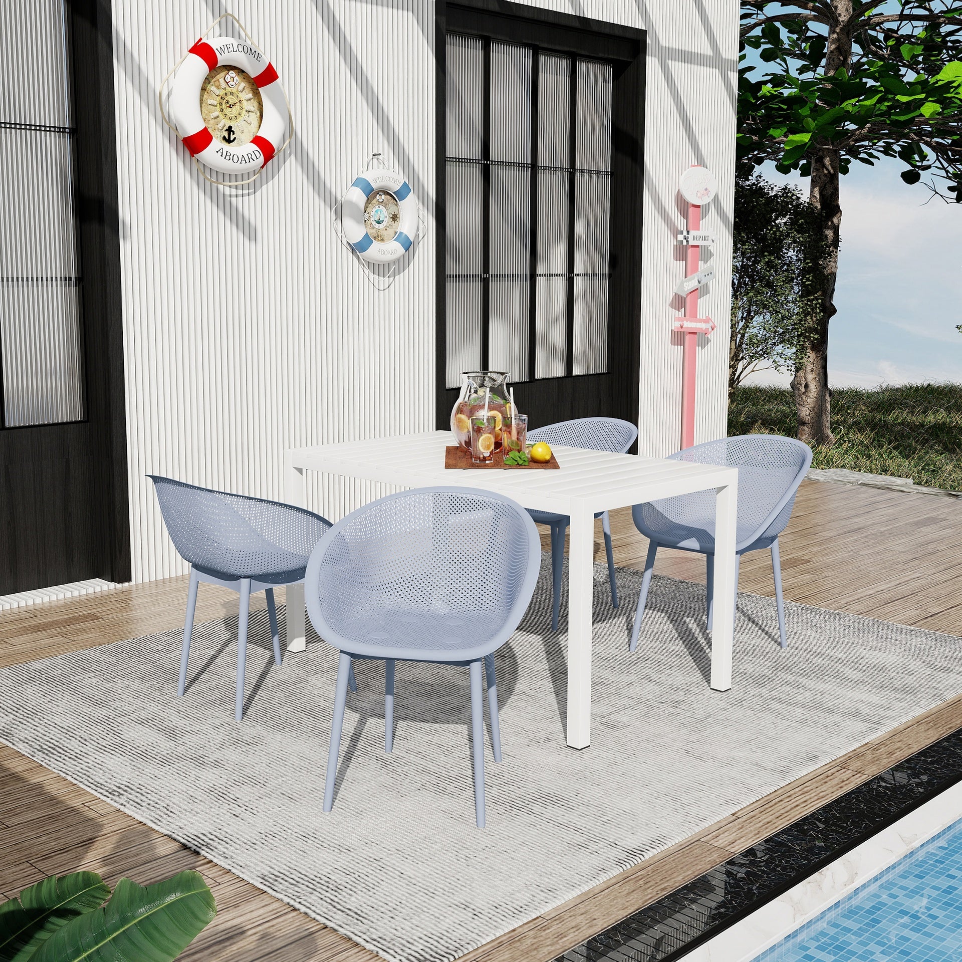 Holiday - 4-Pack Light Blue Modern Lounge Chairs – Indoor/Outdoor All-Weather PP Plastic with 55 Inch White Modern Long Table - Indoor/Outdoor- Lightweight PP Tabletop with Metal