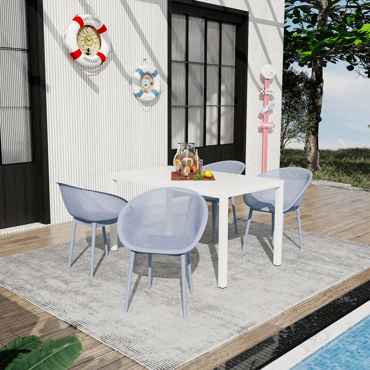 Holiday - 4-Pack Light Blue Modern Lounge Chairs – Indoor/Outdoor All-Weather PP Plastic with 55 Inch White Modern Long Table - Indoor/Outdoor- Lightweight PP Tabletop with Metal