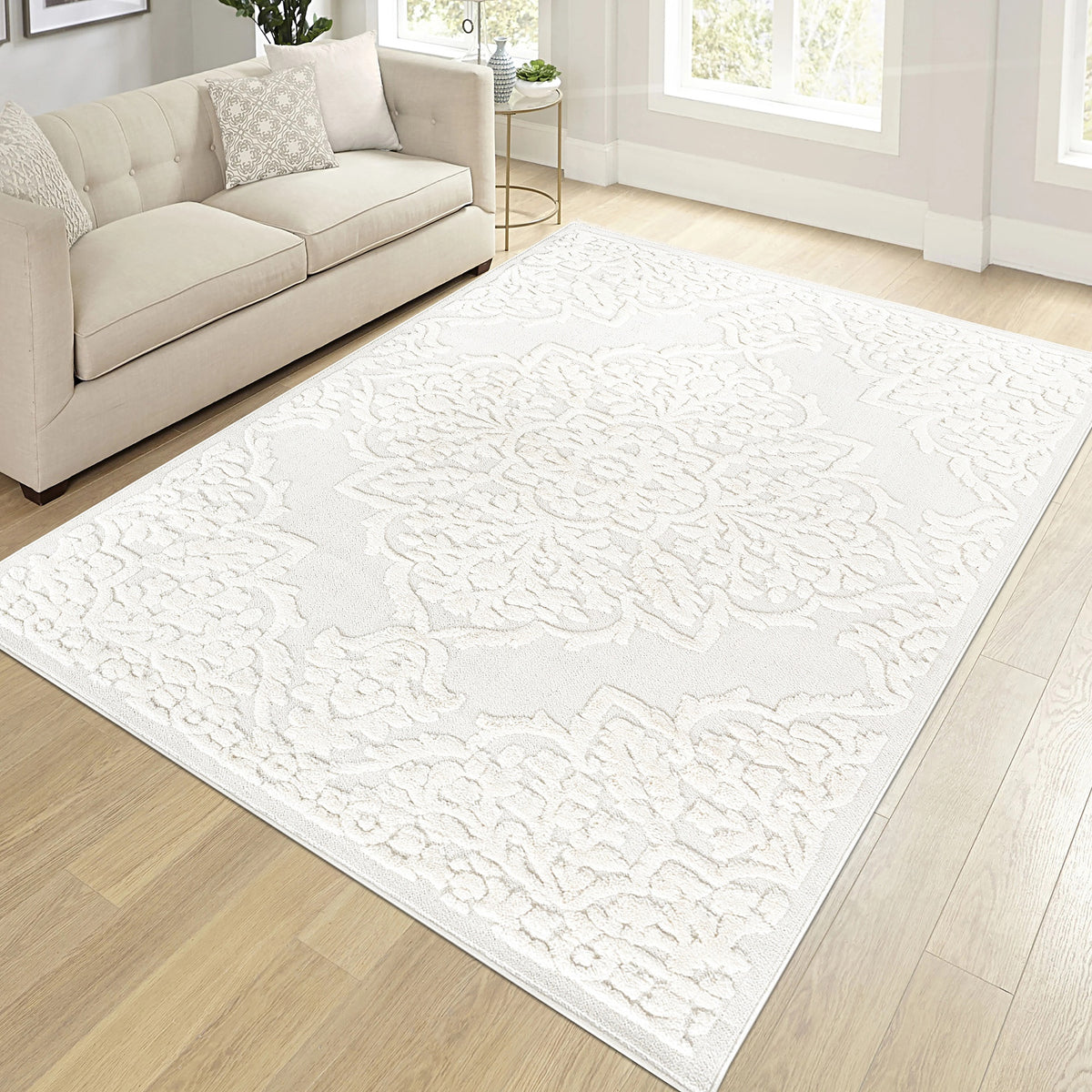 Step Collection High-Low Medallion Cream/Cream Indoor Area Rug, 6'7''x9', Modern, Contemporary, Geometric, Bohemian, Bedroom, Kitchen, Living Room, Non Shedding Carpet