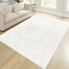 Step Collection High-Low Medallion Cream/Cream Indoor Area Rug, 6'7''x9', Modern, Contemporary, Geometric, Bohemian, Bedroom, Kitchen, Living Room, Non Shedding Carpet