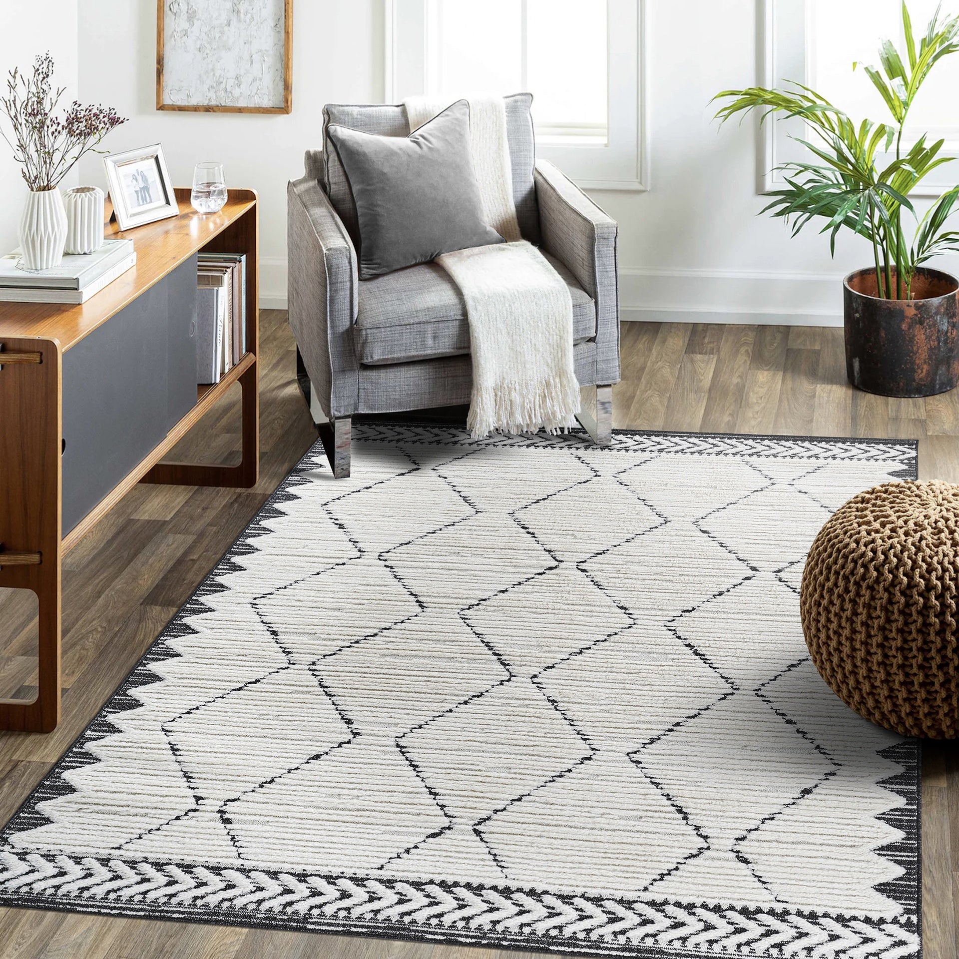 Step Collection High-Low Trellis Cream/Anthracite Indoor Area Rug, 6'7''x9', Modern, Contemporary, Geometric, Bohemian, Bedroom, Kitchen, Living Room, Non Shedding Carpet