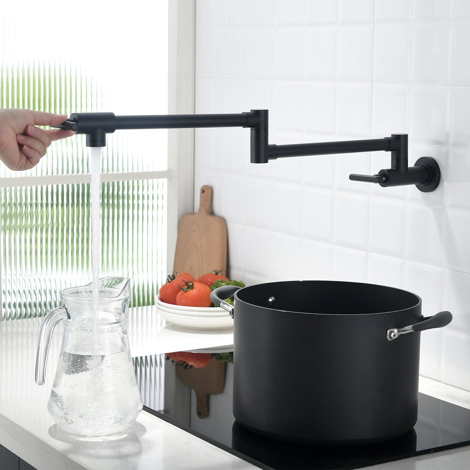Brass Pot Filler,Wall Mount Commercial Pot Filler Faucet,Brass Copper Material Kitchen Folding Faucet,Coffee Machine Faucet with Stretchable Double Joint Swing Arms,Style A,Black ened