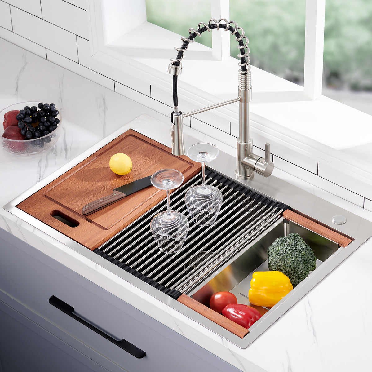 28 x 22 Drop In Stainless Steel Workstation Sink, 28 Inch 18-Gauge Stainless Steel Drop-In Kitchen Sink, Handmade Single Bowl Workstation R10 Rounded Corner kitchen Sink with Accessories