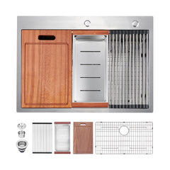 28 x 22 Drop In Stainless Steel Workstation Sink, 28 Inch 18-Gauge Stainless Steel Drop-In Kitchen Sink, Handmade Single Bowl Workstation R10 Rounded Corner kitchen Sink with Accessories