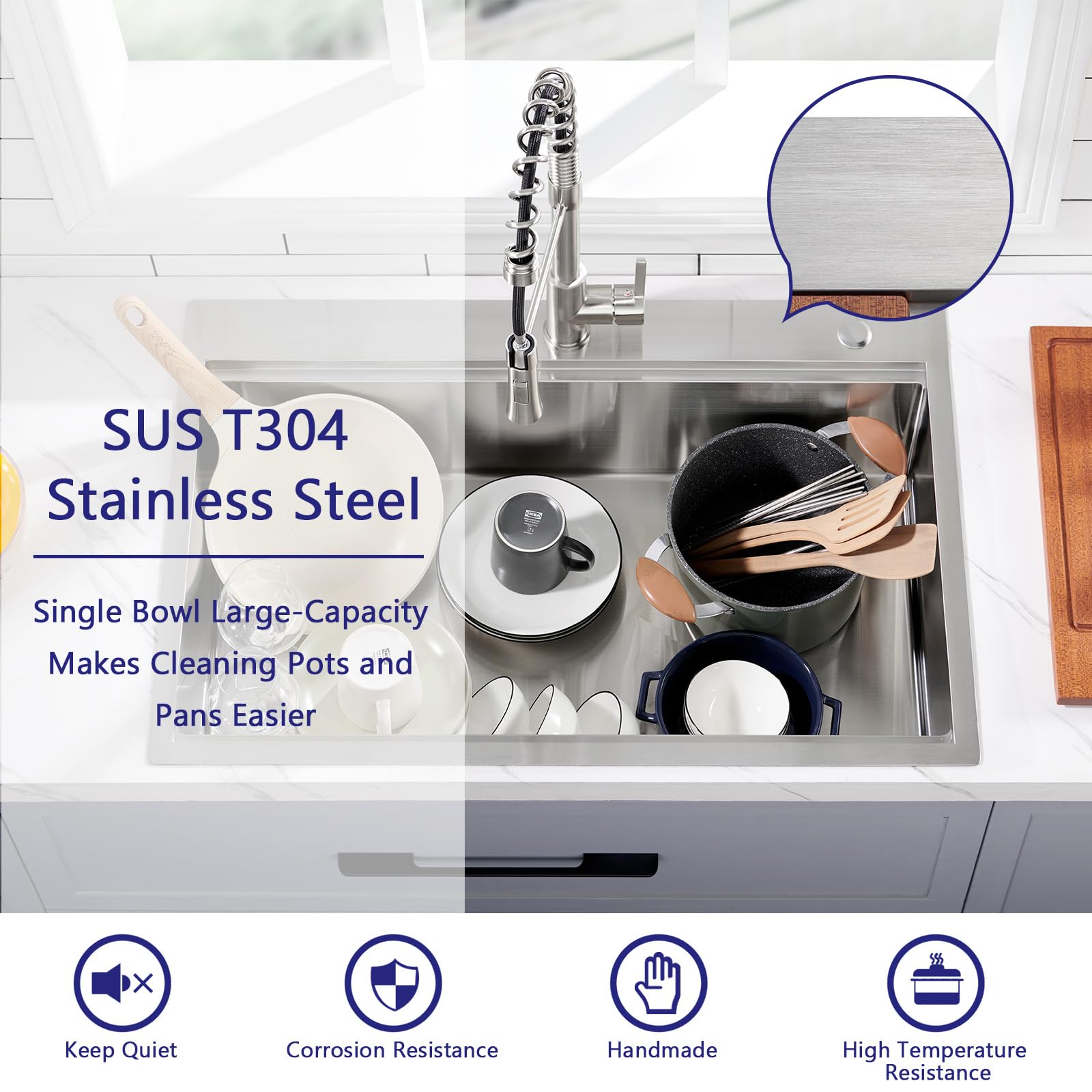 28 x 22 Drop In Stainless Steel Workstation Sink, 28 Inch 18-Gauge Stainless Steel Drop-In Kitchen Sink, Handmade Single Bowl Workstation R10 Rounded Corner kitchen Sink with Accessories