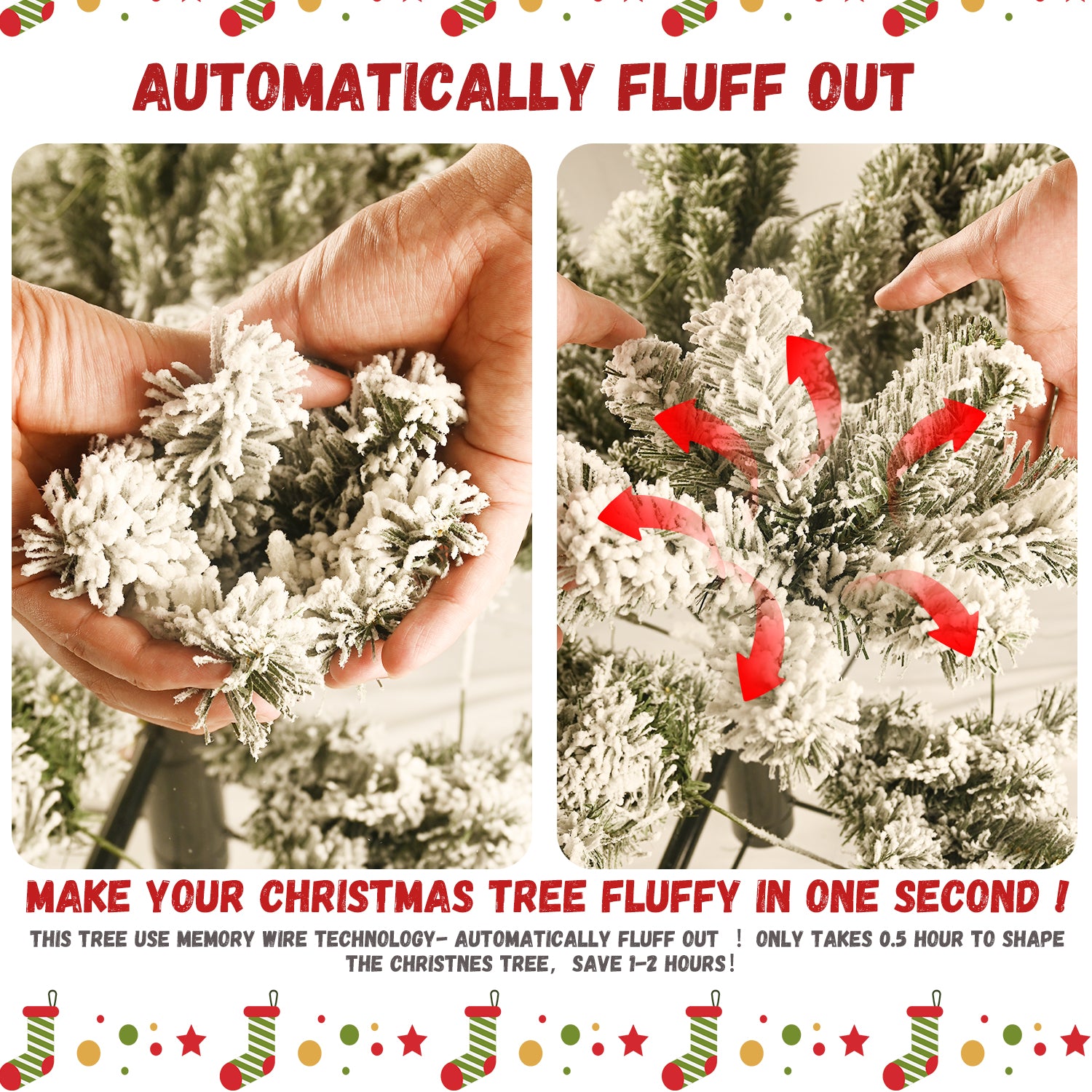 8ft Flocked Pre-Lit Christmas Tree with 500 UL Warm White Lights, 1460 PVC Tips, Auto-Unfold Memory Wire, Easy Assembly & Stable Metal Stand – Snowy Holiday Decor