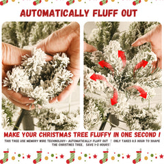 8ft Flocked Pre-Lit Christmas Tree with 500 UL Warm White Lights, 1460 PVC Tips, Auto-Unfold Memory Wire, Easy Assembly & Stable Metal Stand – Snowy Holiday Decor
