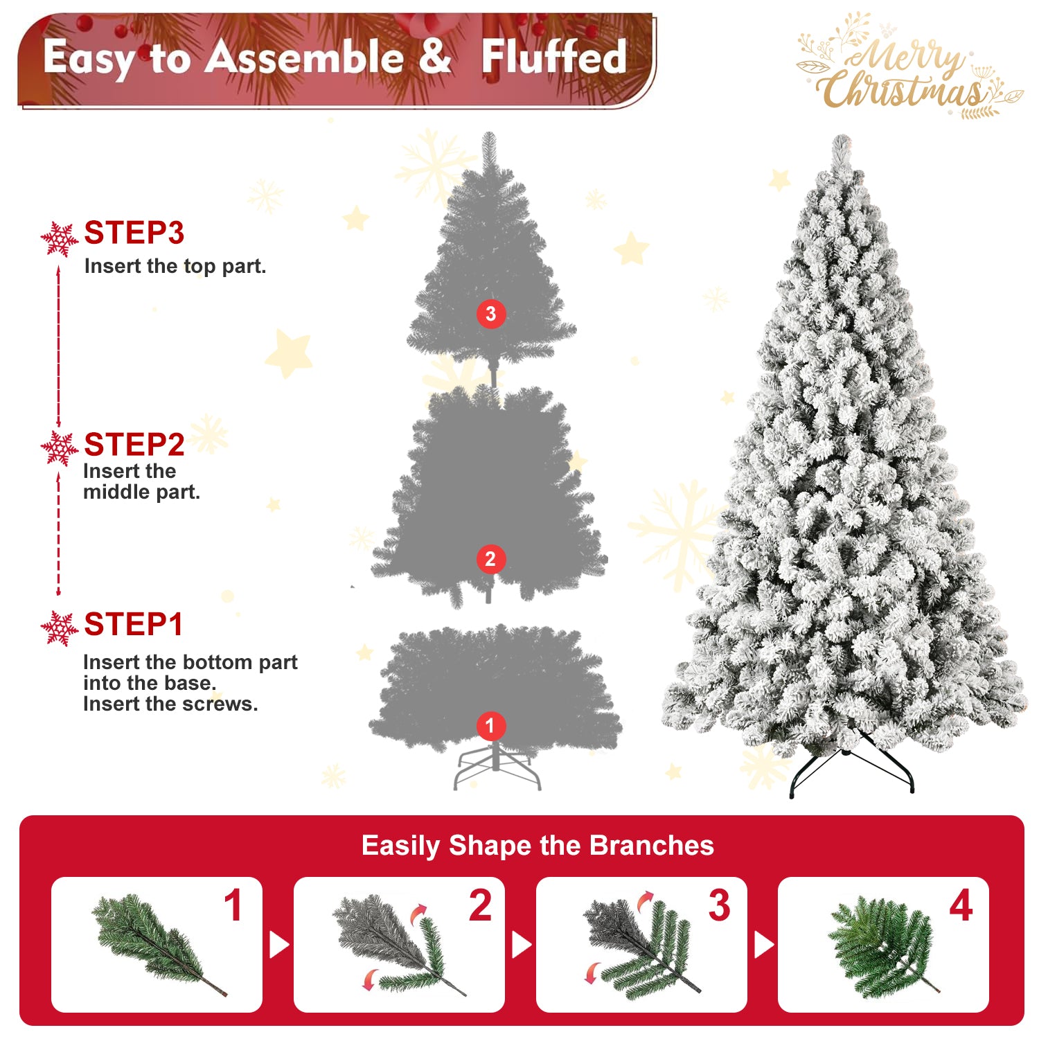 8ft Flocked Pre-Lit Christmas Tree with 500 UL Warm White Lights, 1460 PVC Tips, Auto-Unfold Memory Wire, Easy Assembly & Stable Metal Stand – Snowy Holiday Decor
