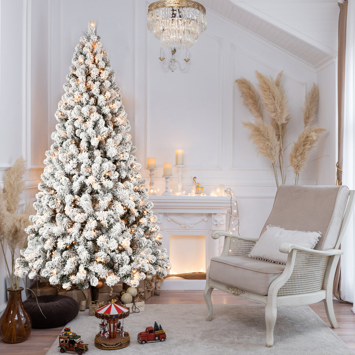 8ft Flocked Pre-Lit Christmas Tree with 500 UL Warm White Lights, 1460 PVC Tips, Auto-Unfold Memory Wire, Easy Assembly & Stable Metal Stand – Snowy Holiday Decor