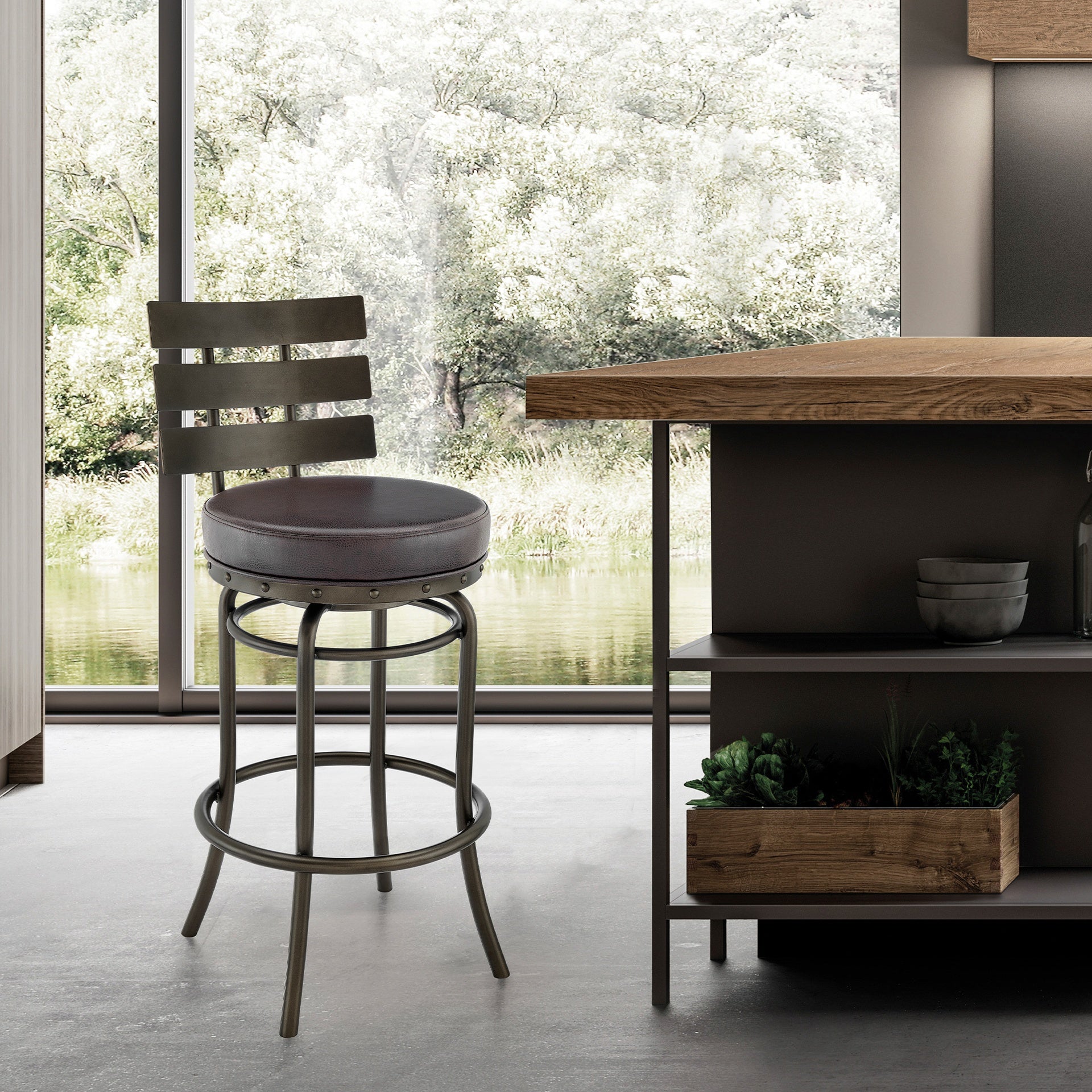 Tatyana Swivel Counter or Bar Stool in Mocha Finish with Brown Faux Leather