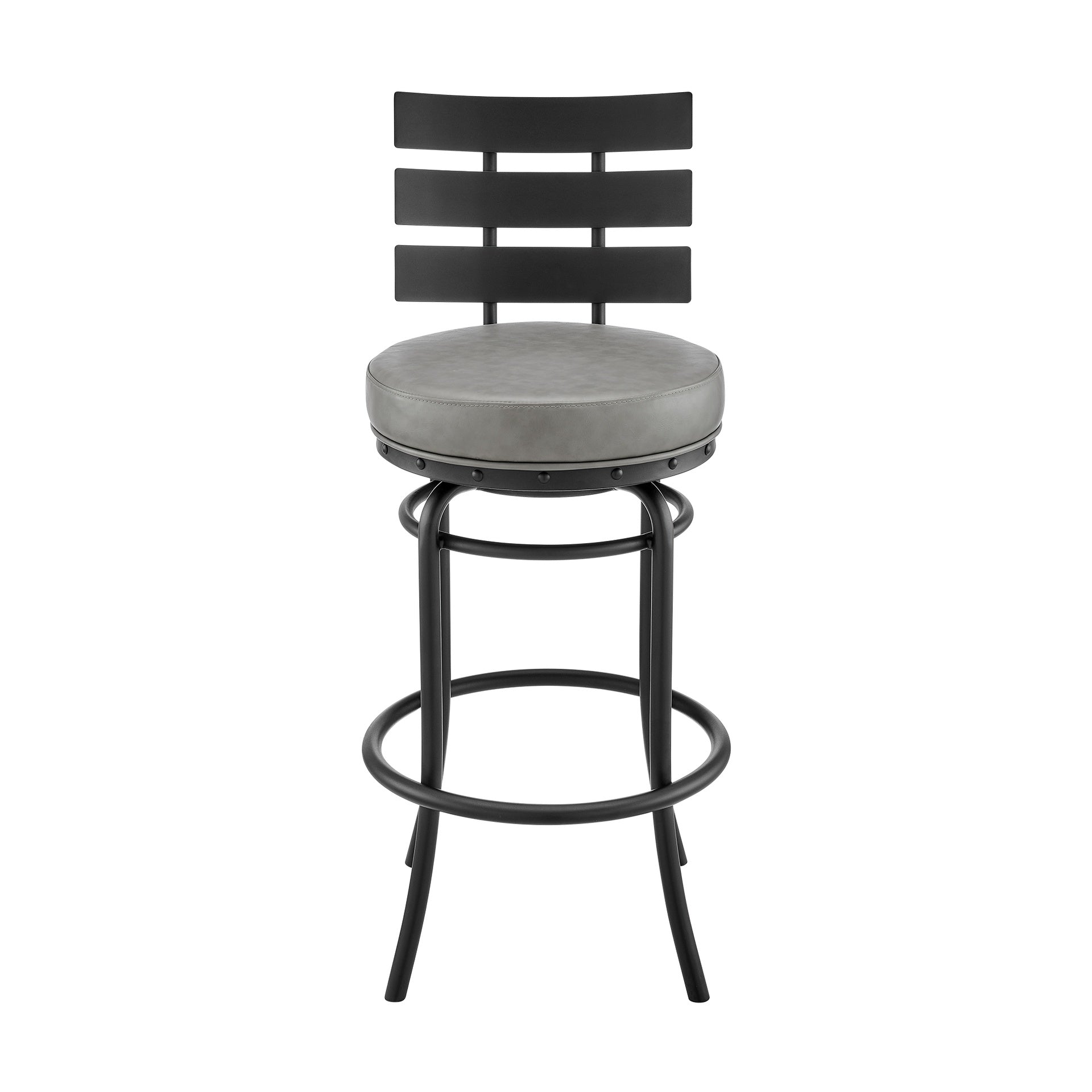 Xelora Swivel Counter or Bar Stool in Black Finish with Gray Faux Leather