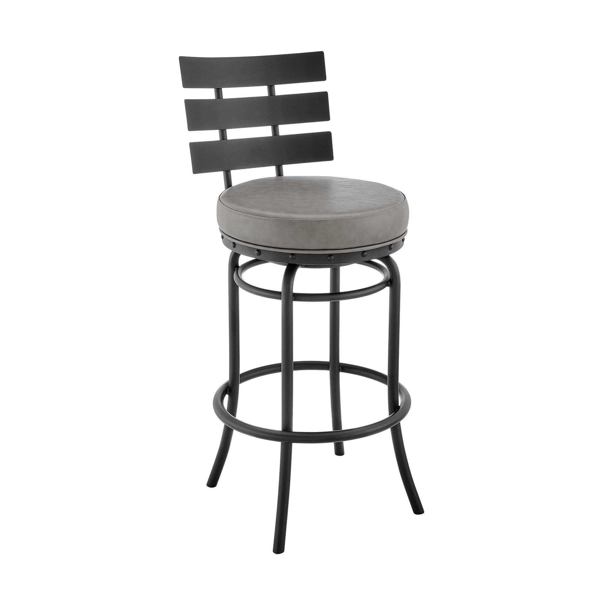 Xelora Swivel Counter or Bar Stool in Black Finish with Gray Faux Leather