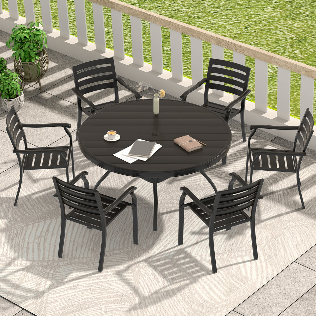 7 Pieces Outdoor Patio Dining Set, 6  Stackable Metal Dining Chairs and 52.95" Round Metal Dining Table, Outdoor Table and Chairs for Lawn Garden Backyard Deck