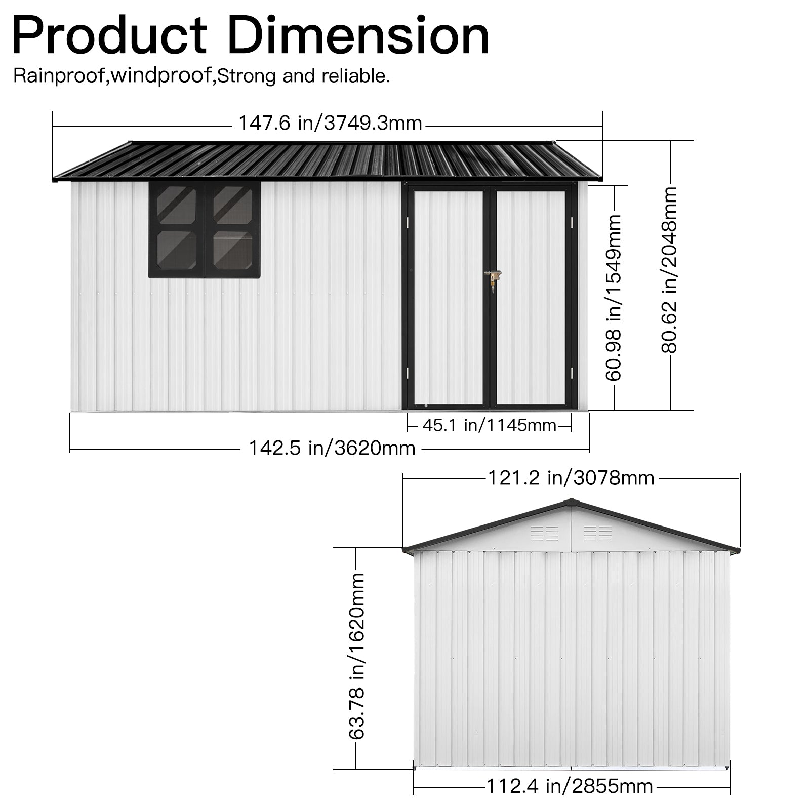 Metal garden sheds 12ftx10ft outdoor storage sheds white+black with window