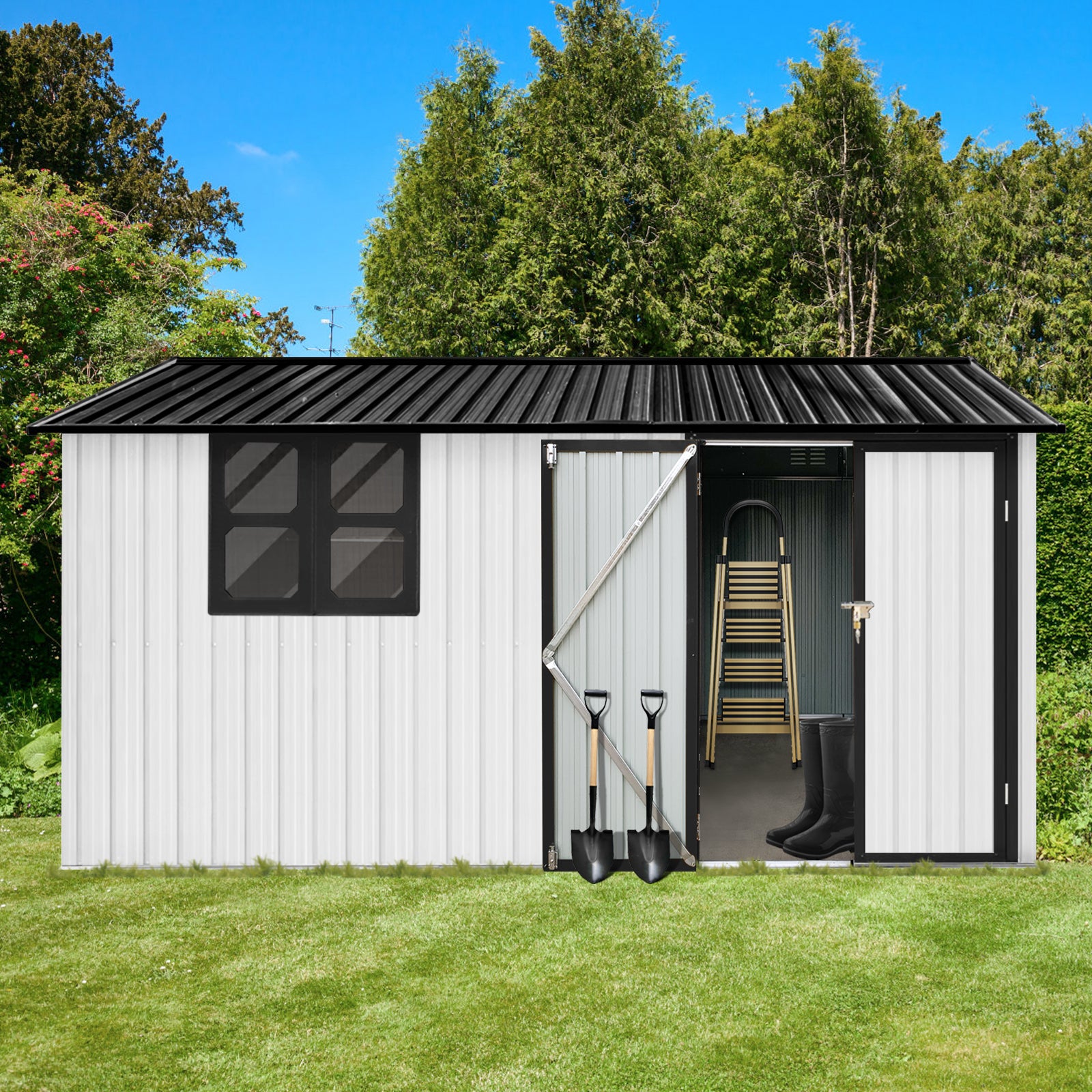 Metal garden sheds 12ftx10ft outdoor storage sheds white+black with window