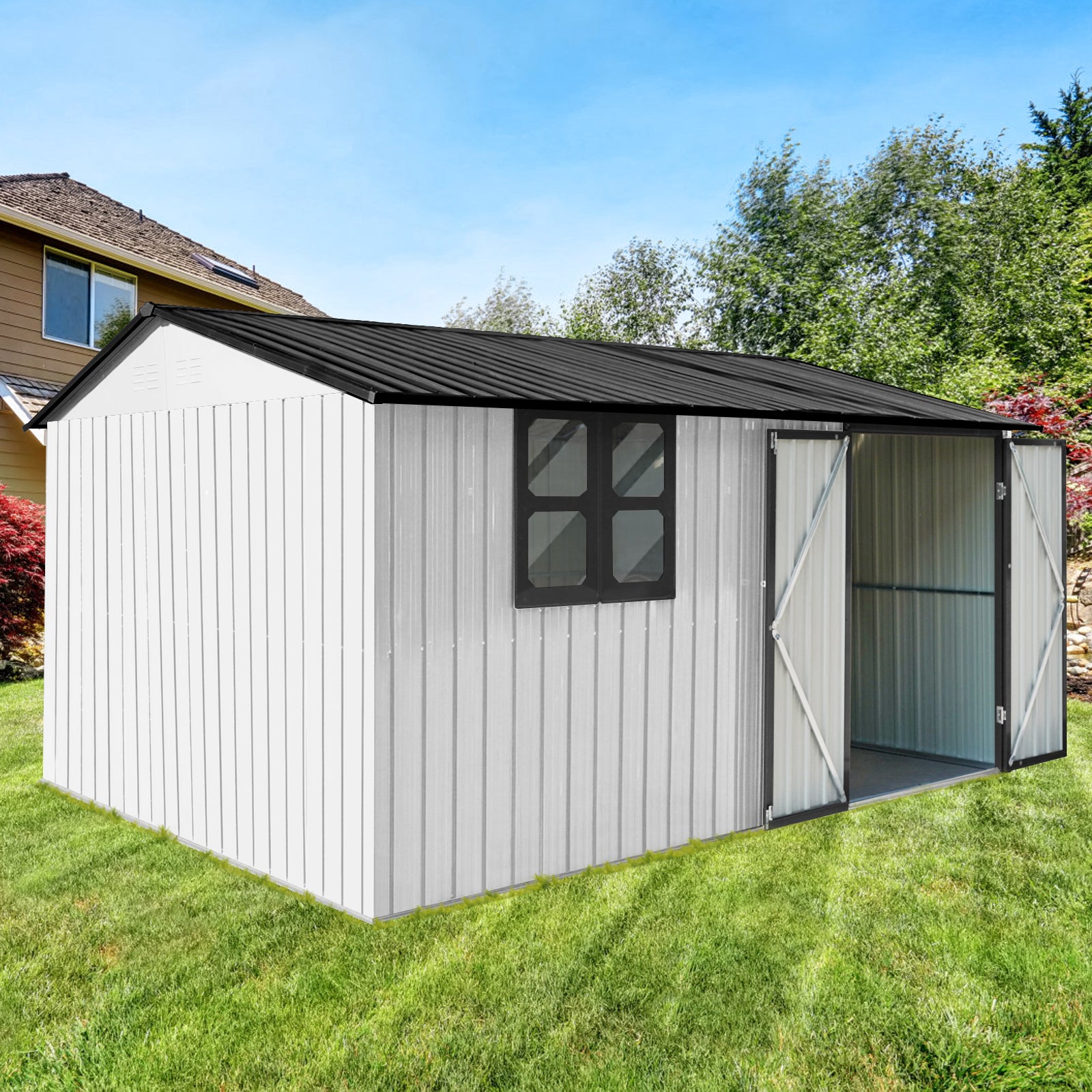 Metal garden sheds 12ftx10ft outdoor storage sheds white+black with window