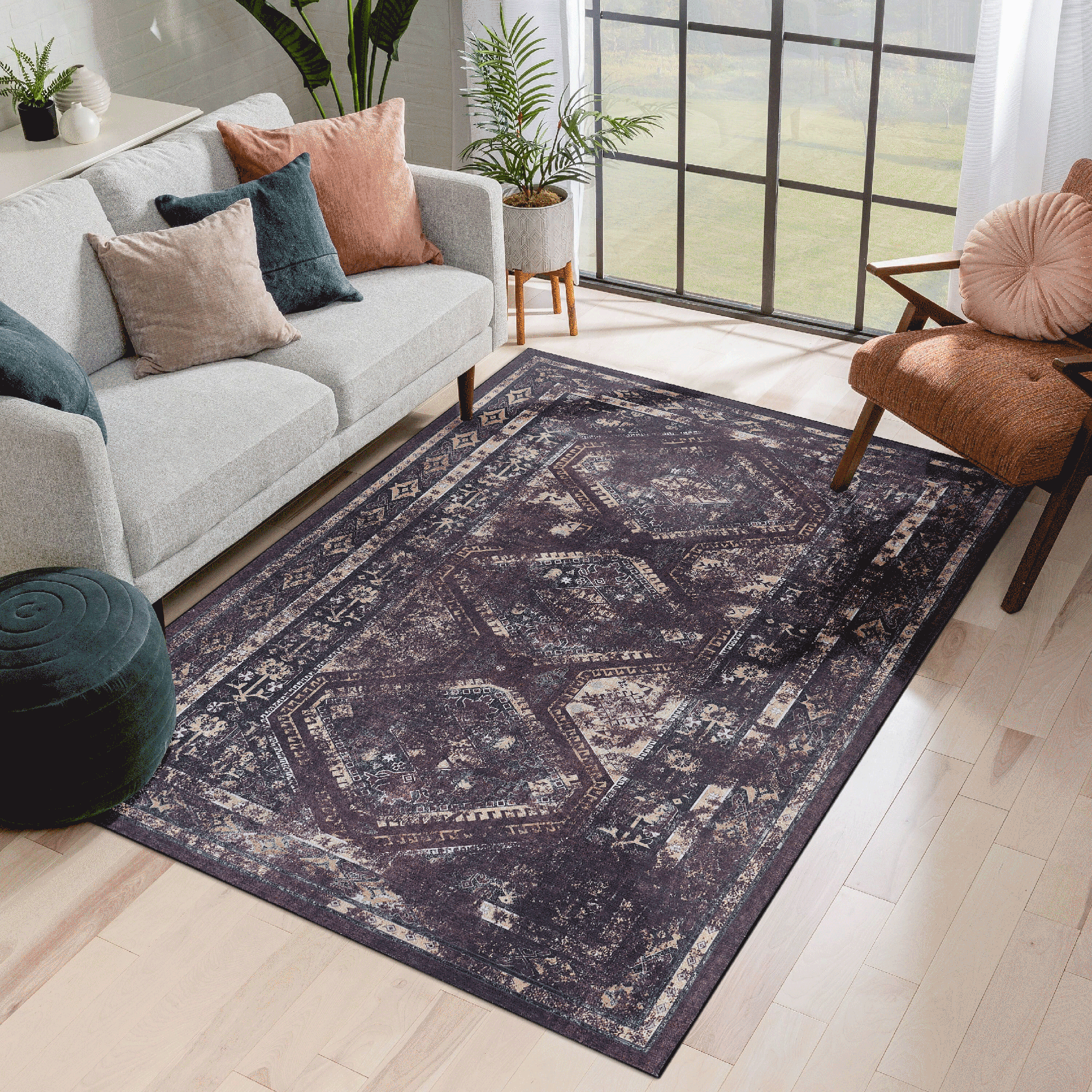 MAVAL Black Washable Rug 3x5 Area Rug (Black+Burgundy, 3' x 5')