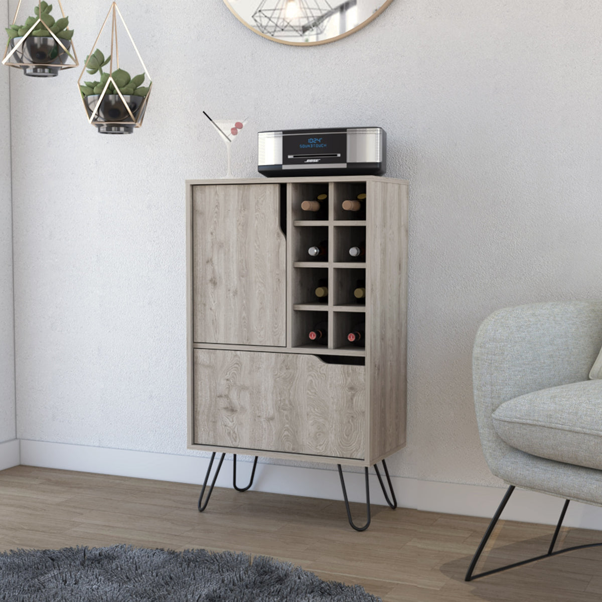 Manhattan L Bar Cabinet, Eight Built-in Wine Rack, Single Door -Light Gray