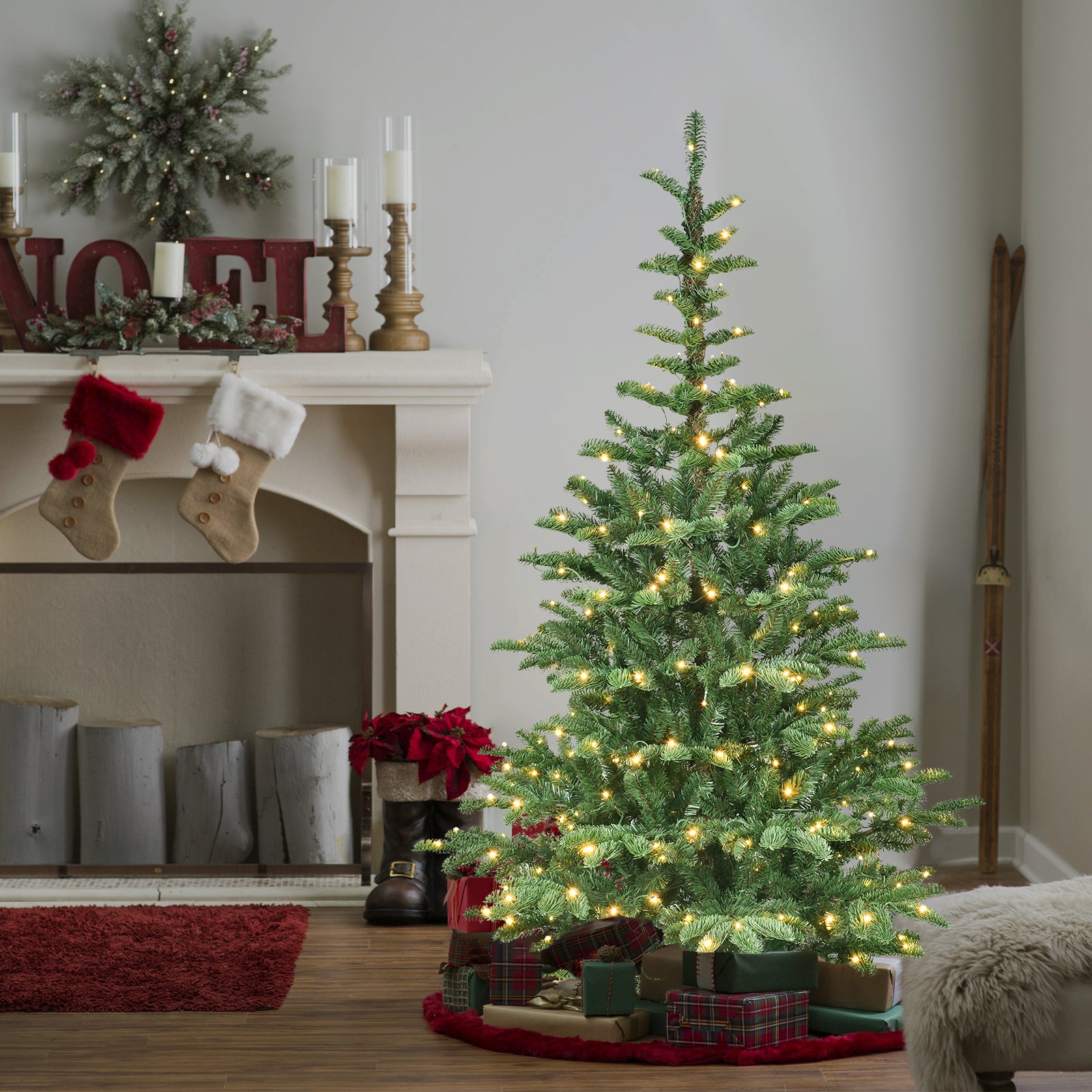 5ft Pre-Lit Christmas Tree with 200 Warm White LED Lights, 403 PE+PVC Tips, Realistic Layered Look, Unique Wooden Base – Full Artificial Holiday Tree for Home Decor