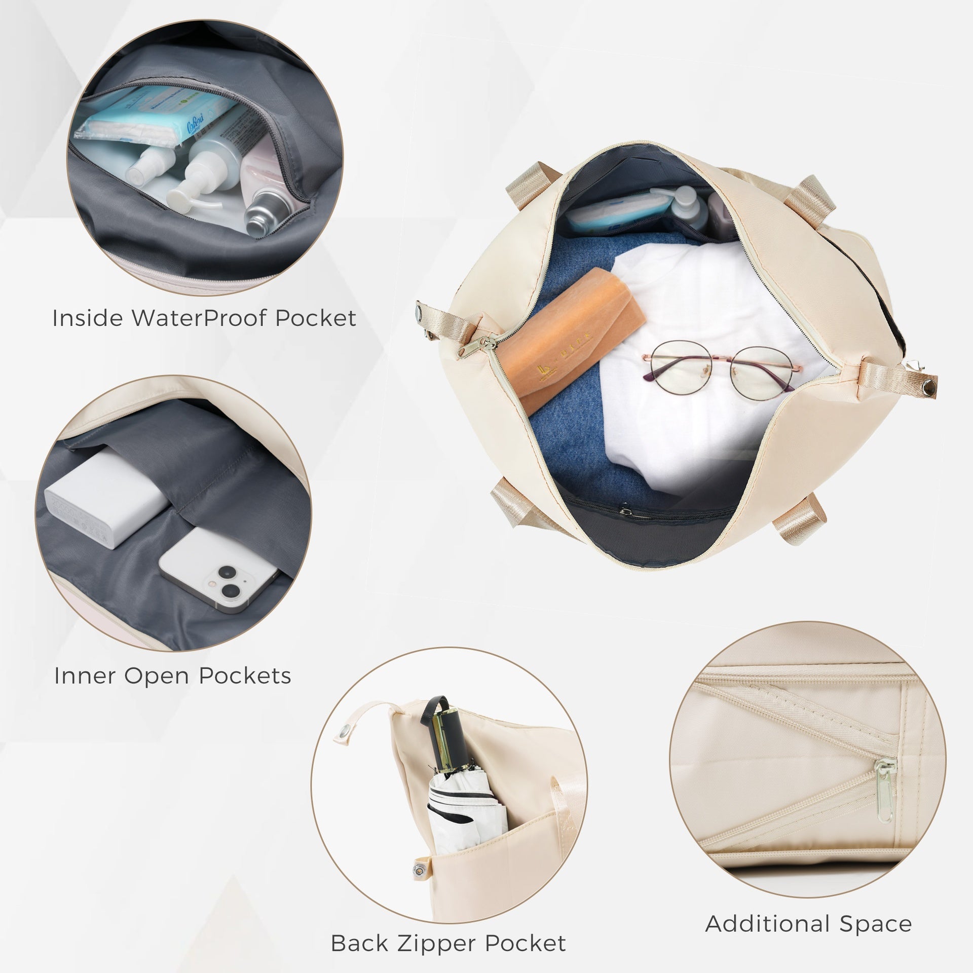 Luggage Sets 4 Piece, Expandable ABS Durable Suitcase with Travel Bag, Carry On Luggage Suitcase Set with 360° Spinner Wheels, ivory and golden