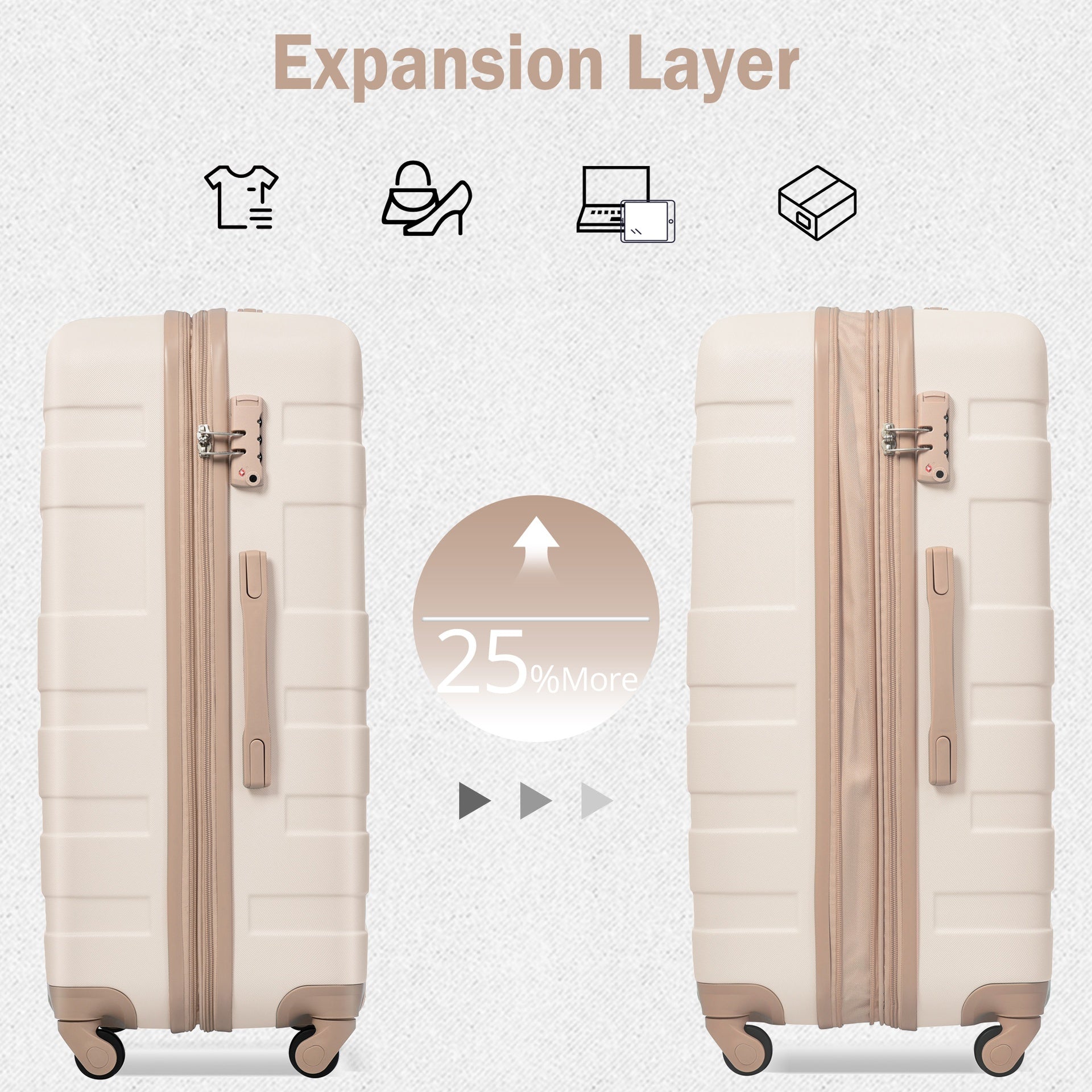 Luggage Sets 4 Piece, Expandable ABS Durable Suitcase with Travel Bag, Carry On Luggage Suitcase Set with 360° Spinner Wheels, ivory and golden