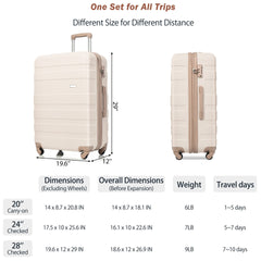Luggage Sets 4 Piece, Expandable ABS Durable Suitcase with Travel Bag, Carry On Luggage Suitcase Set with 360° Spinner Wheels, ivory and golden