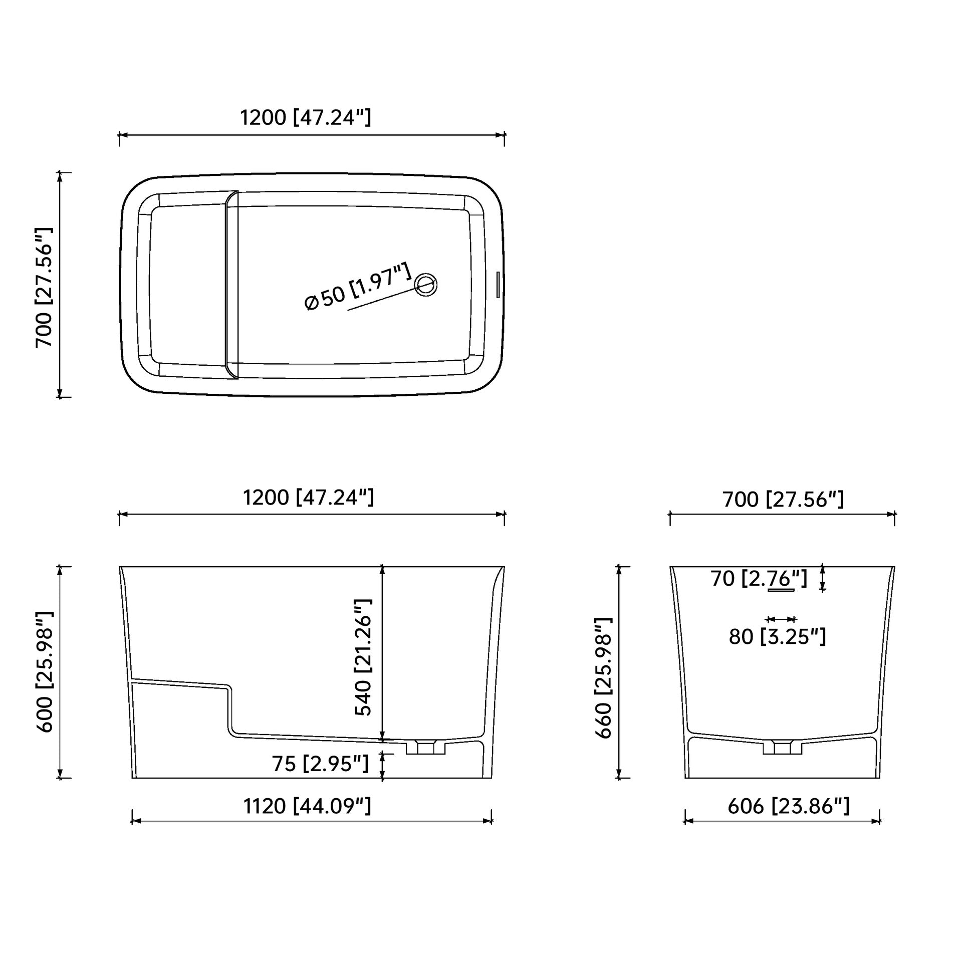 47" solid surface soaking bathtub