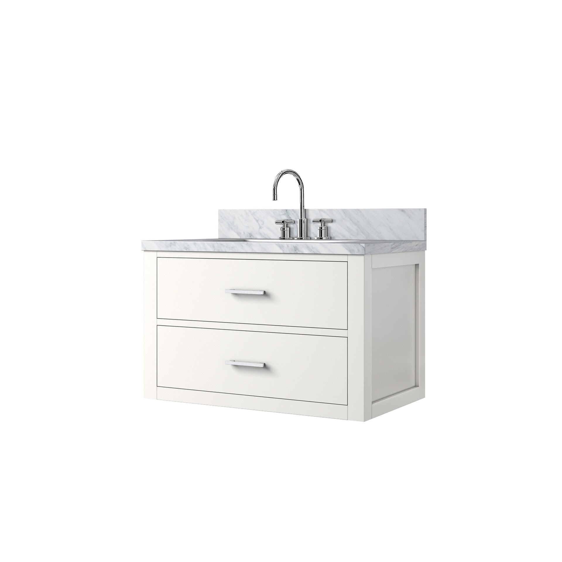 White Single Bath Vanity 30 in. W x 22 in. D, Carrara Marble Top, and Faucet Set